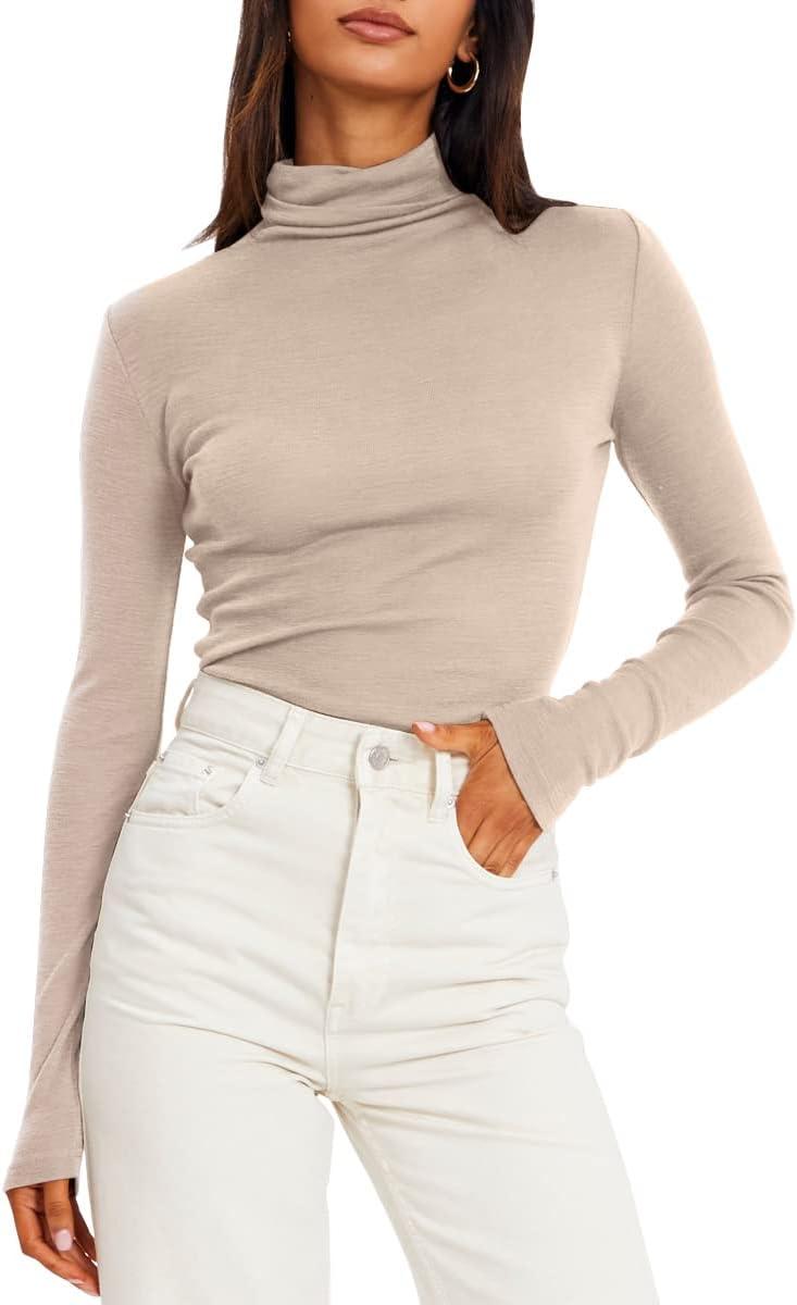 imageTrendy Queen Womens Mock Turtleneck Long Sleeve Shirts Fall Fashion Basic Layering Slim Fit Soft Thermal Underwear TopsBeige