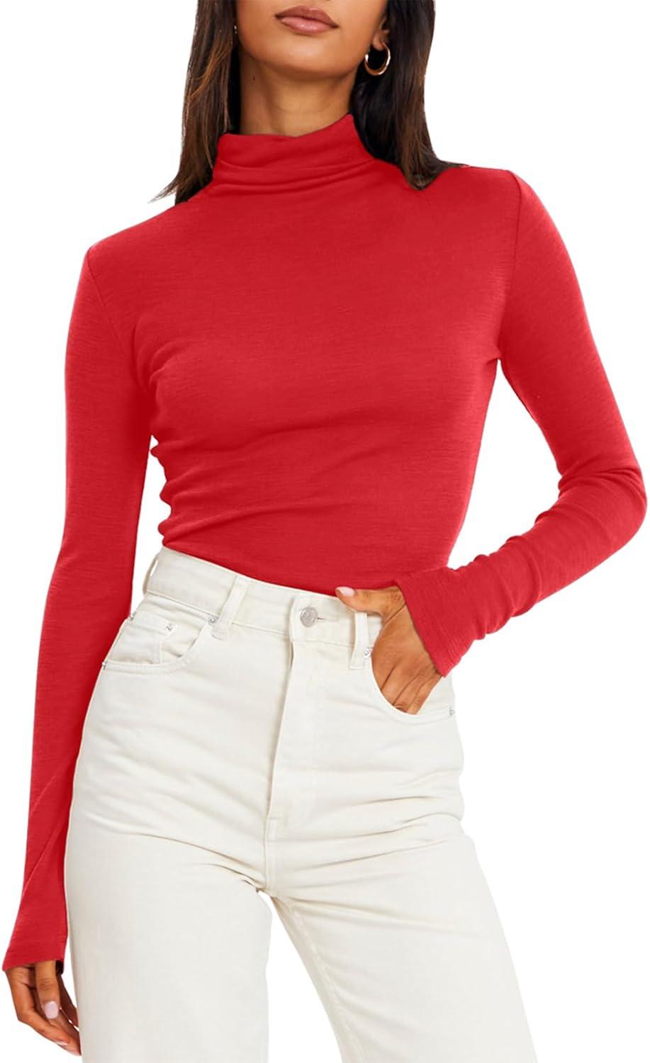 imageTrendy Queen Womens Mock Turtleneck Long Sleeve Shirts Fall Fashion Basic Layering Slim Fit Soft Thermal Underwear TopsRed