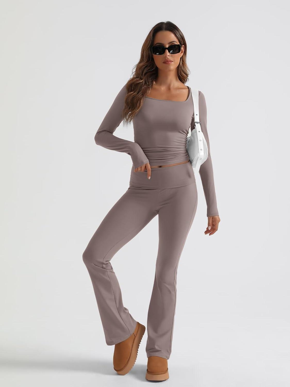 imageTrendy Queen Womens Workout Sets 2 Piece Fall Outfits Square Neck Tops Flare Pants Tracksuits Clothes Winter Fashion 2025Coffeegrey
