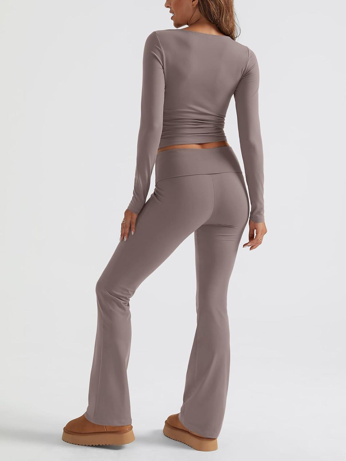 imageTrendy Queen Womens Workout Sets 2 Piece Fall Outfits Square Neck Tops Flare Pants Tracksuits Clothes Winter Fashion 2025Coffeegrey