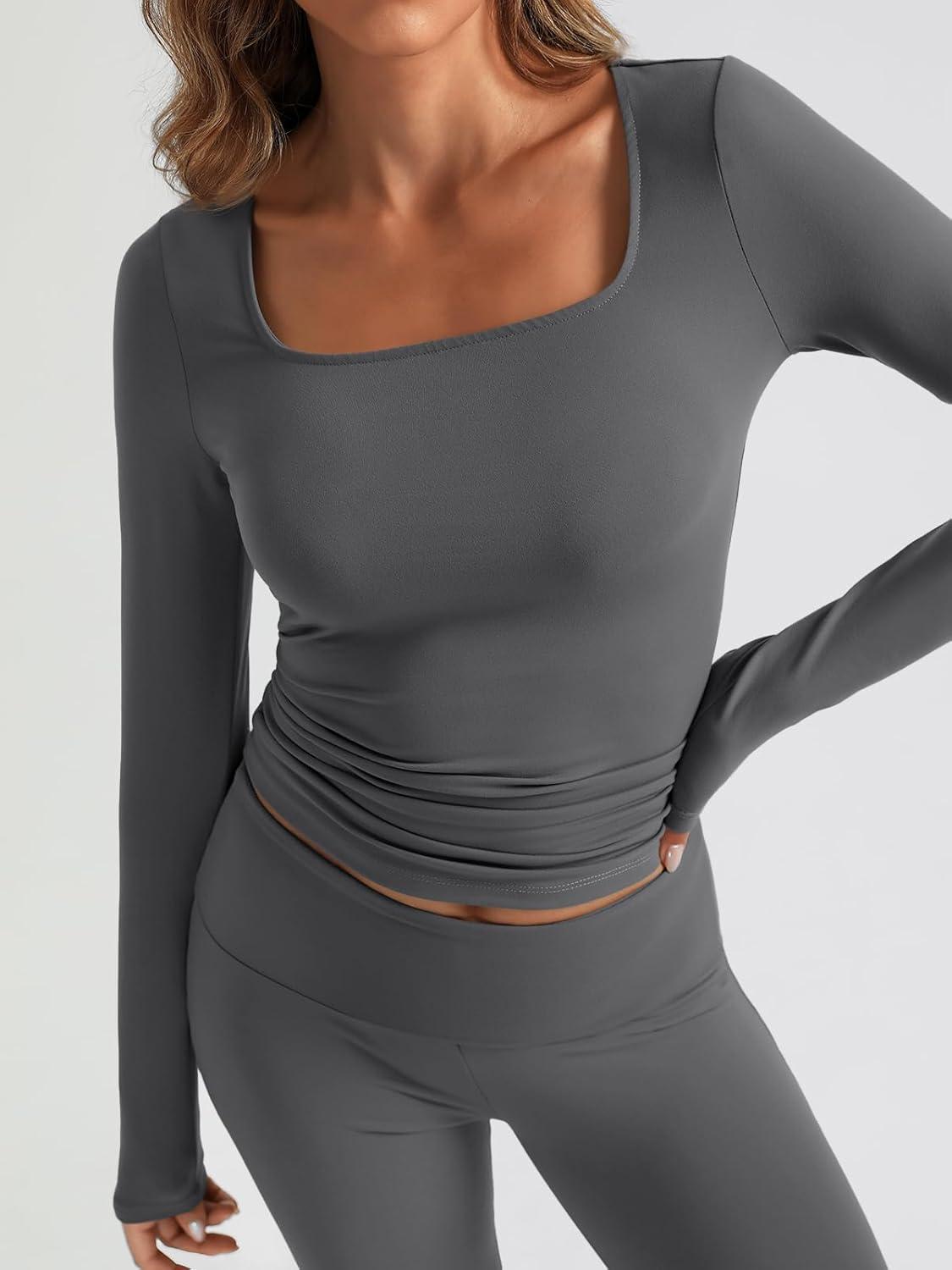 imageTrendy Queen Womens Workout Sets 2 Piece Fall Outfits Square Neck Tops Flare Pants Tracksuits Clothes Winter Fashion 2025Darkgrey