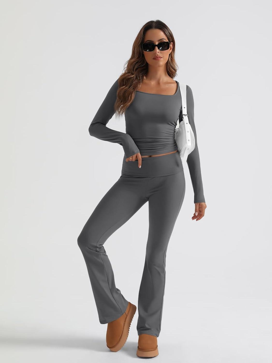 imageTrendy Queen Womens Workout Sets 2 Piece Fall Outfits Square Neck Tops Flare Pants Tracksuits Clothes Winter Fashion 2025Darkgrey