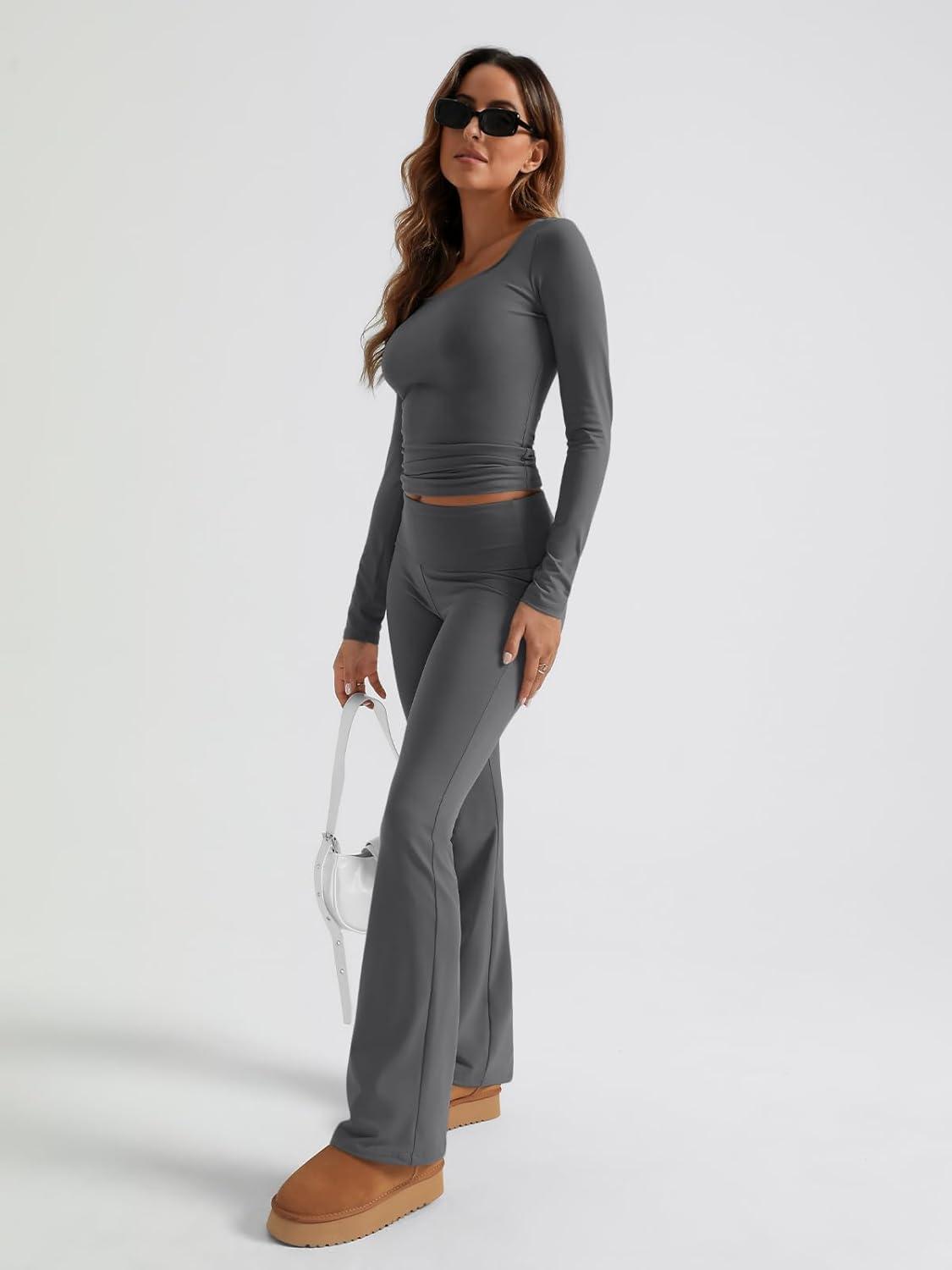 imageTrendy Queen Womens Workout Sets 2 Piece Fall Outfits Square Neck Tops Flare Pants Tracksuits Clothes Winter Fashion 2025Darkgrey
