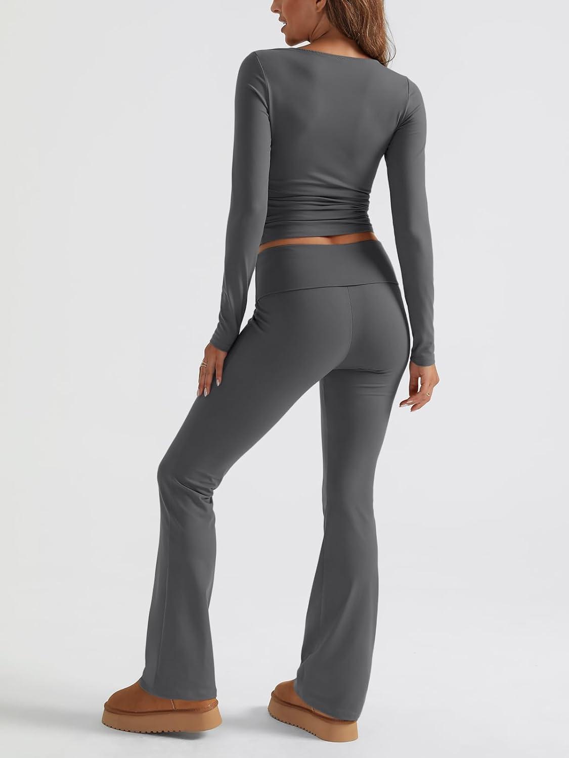 imageTrendy Queen Womens Workout Sets 2 Piece Fall Outfits Square Neck Tops Flare Pants Tracksuits Clothes Winter Fashion 2025Darkgrey