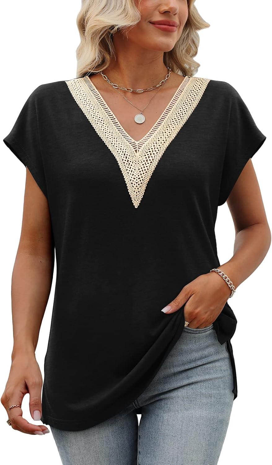 imageWomens Cap Sleeve Summer Tops 2025 Trendy Tank Tops Lace V Neck Loose Fit ShirtsA01black