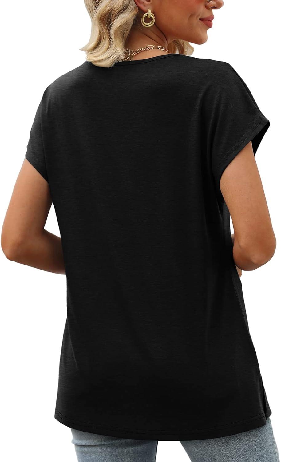 imageWomens Cap Sleeve Summer Tops 2025 Trendy Tank Tops Lace V Neck Loose Fit ShirtsA01black