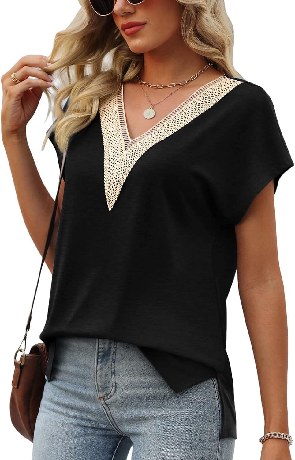imageWomens Cap Sleeve Summer Tops 2025 Trendy Tank Tops Lace V Neck Loose Fit ShirtsA01black