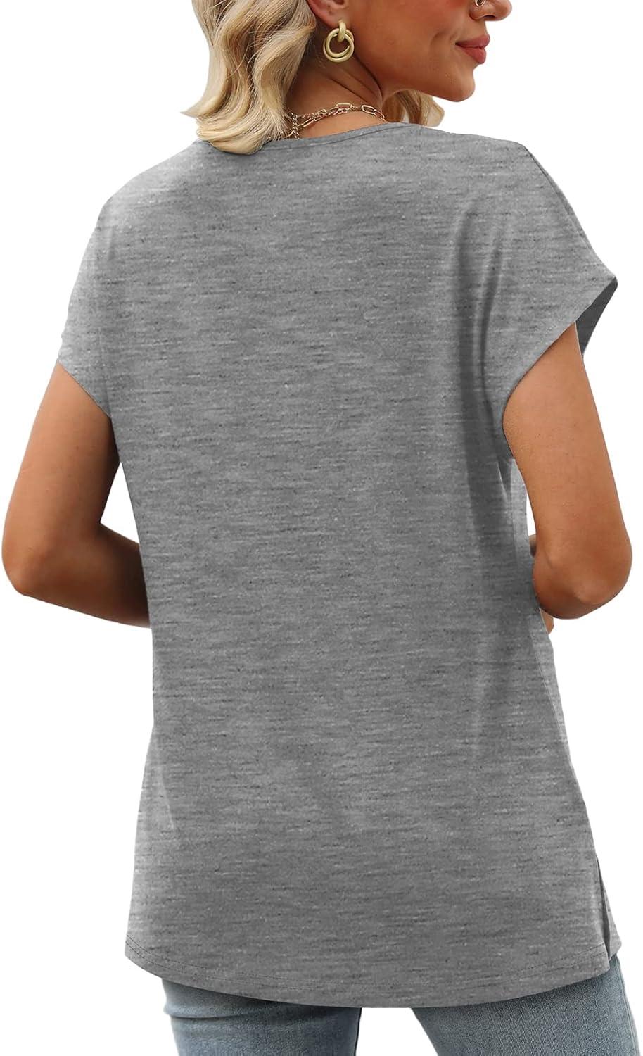 imageWomens Cap Sleeve Summer Tops 2025 Trendy Tank Tops Lace V Neck Loose Fit ShirtsA02grey
