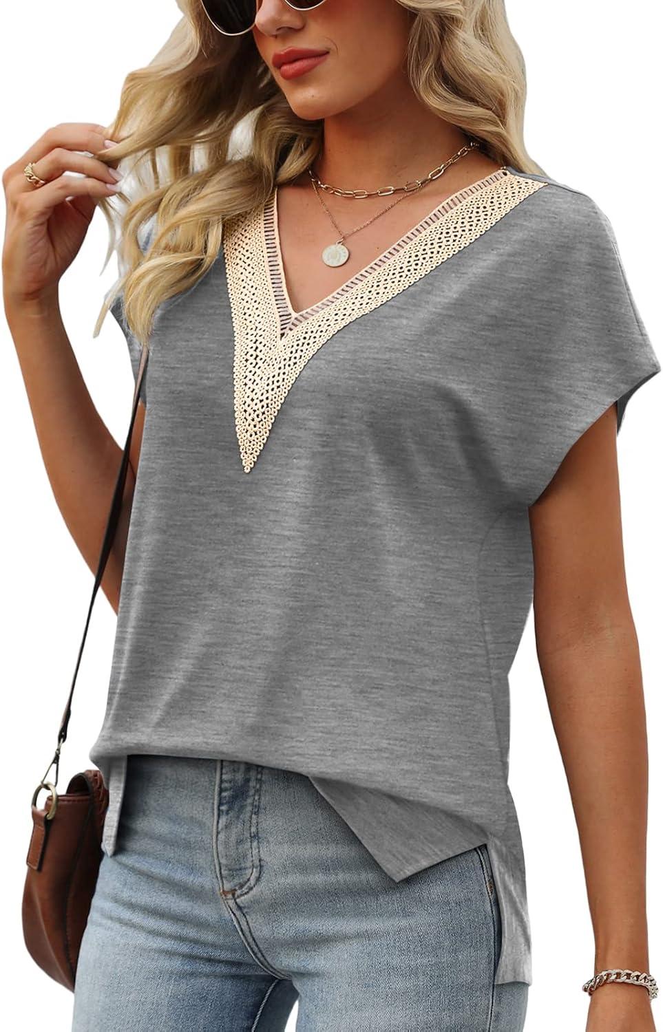 imageWomens Cap Sleeve Summer Tops 2025 Trendy Tank Tops Lace V Neck Loose Fit ShirtsA02grey