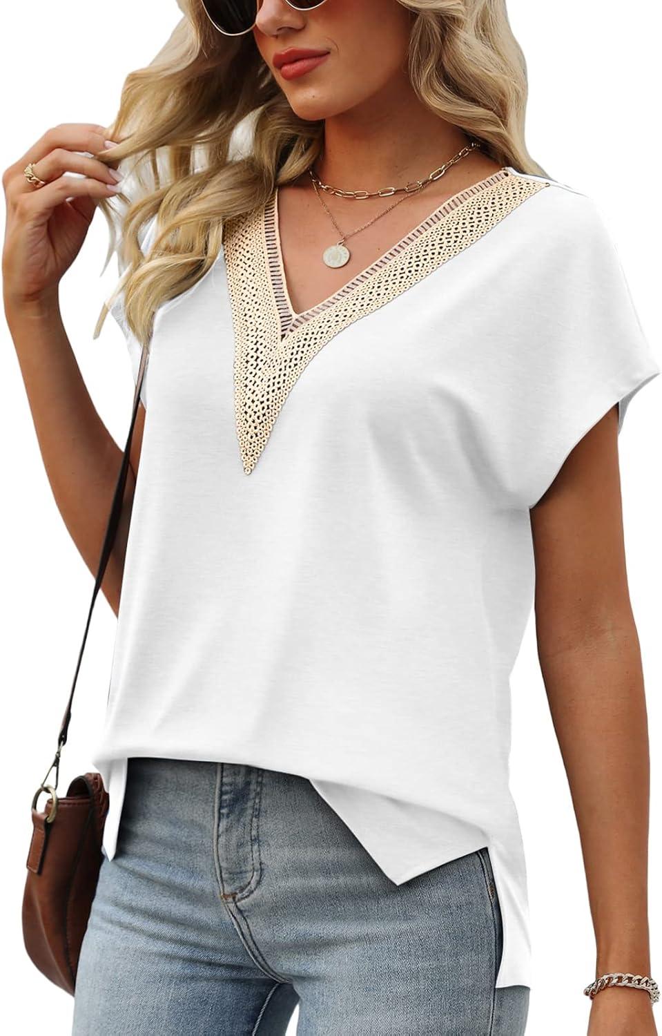 imageWomens Cap Sleeve Summer Tops 2025 Trendy Tank Tops Lace V Neck Loose Fit ShirtsA03white