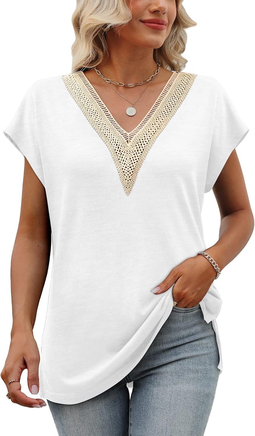 imageWomens Cap Sleeve Summer Tops 2025 Trendy Tank Tops Lace V Neck Loose Fit ShirtsA03white