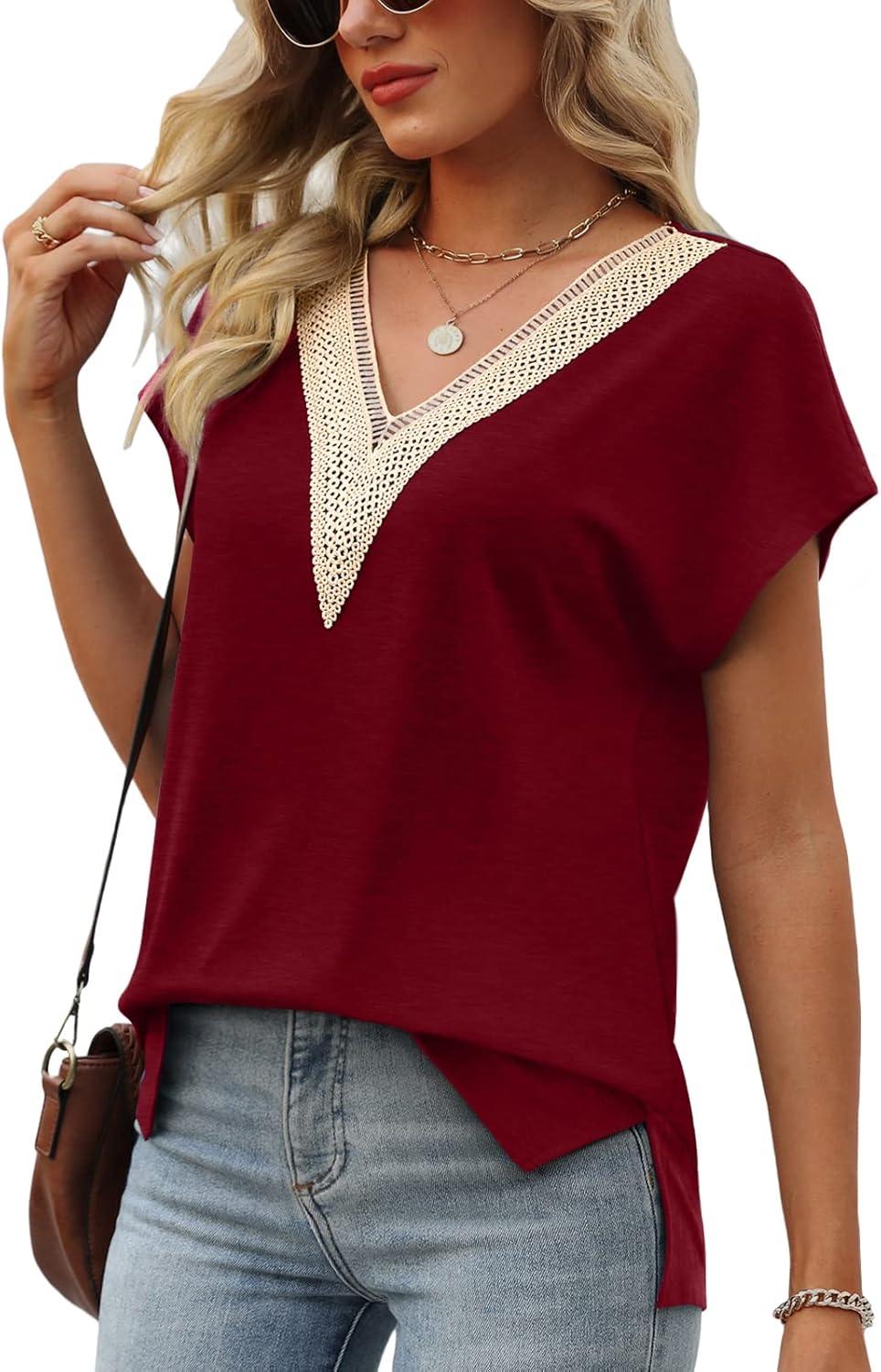 imageWomens Cap Sleeve Summer Tops 2025 Trendy Tank Tops Lace V Neck Loose Fit ShirtsA04burgundy