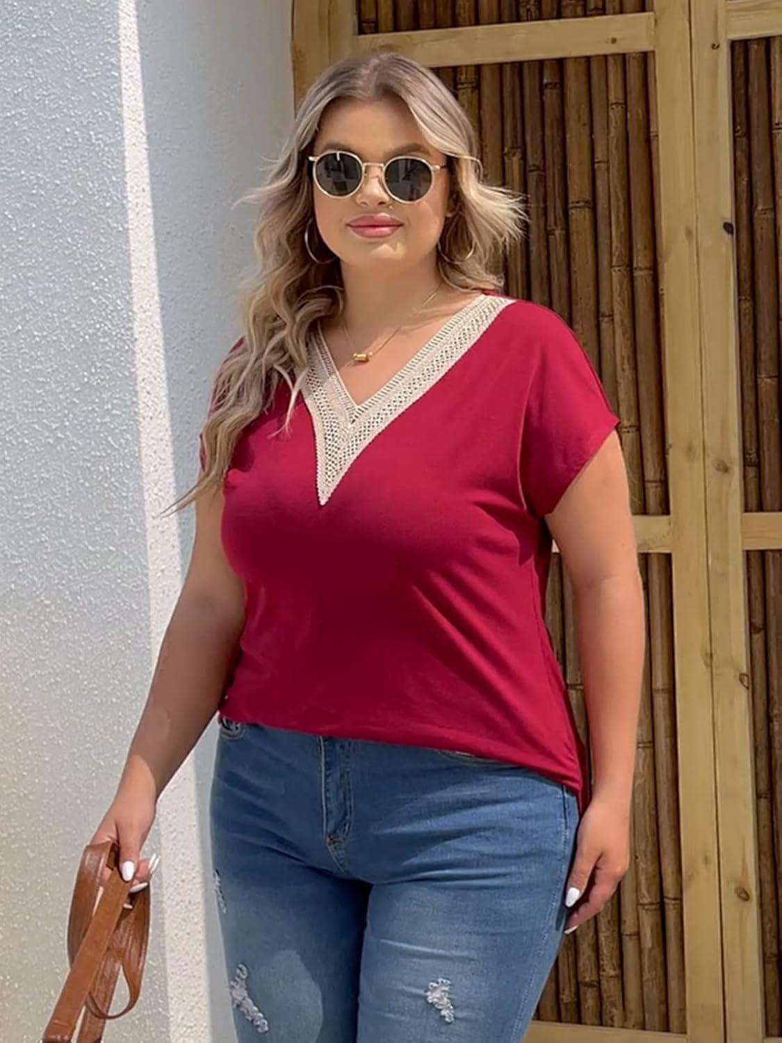 imageWomens Cap Sleeve Summer Tops 2025 Trendy Tank Tops Lace V Neck Loose Fit ShirtsA04burgundy