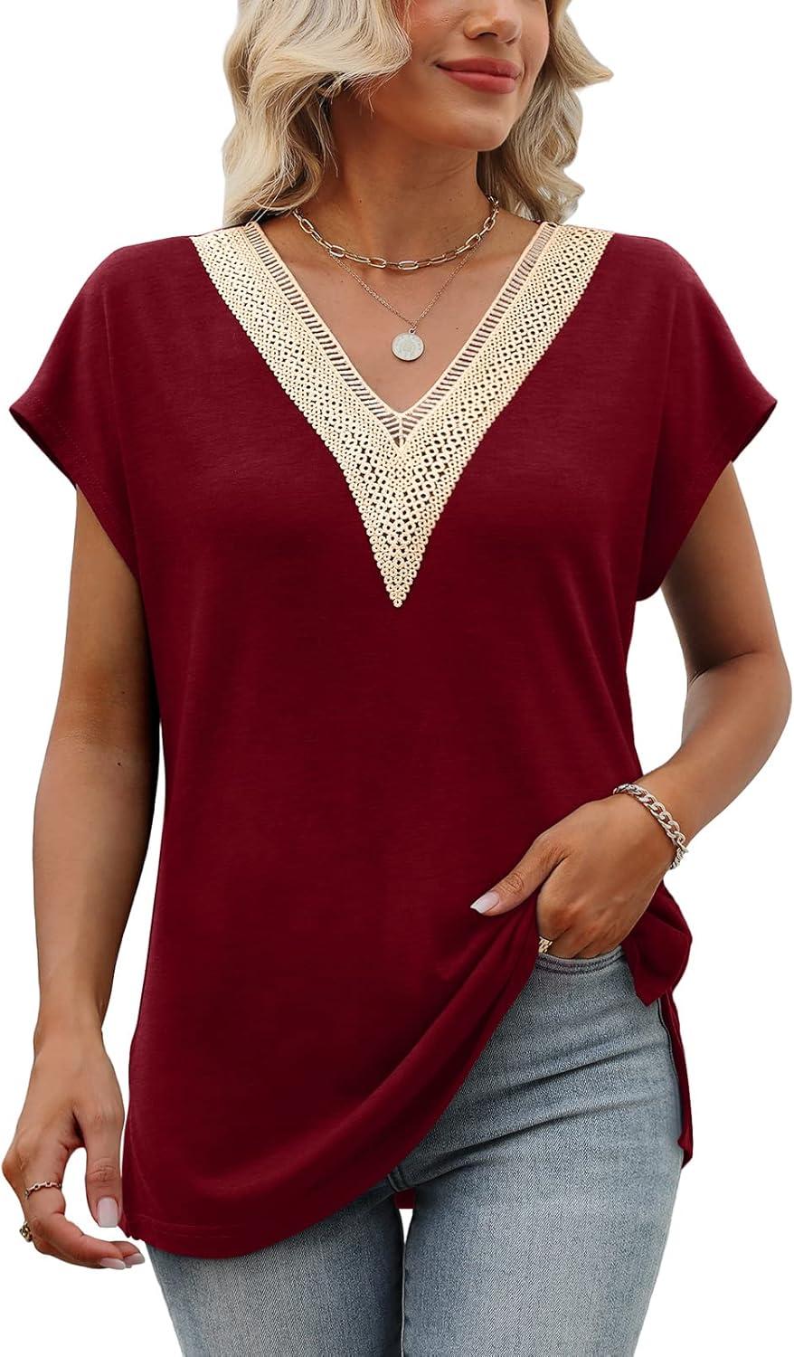 imageWomens Cap Sleeve Summer Tops 2025 Trendy Tank Tops Lace V Neck Loose Fit ShirtsA04burgundy