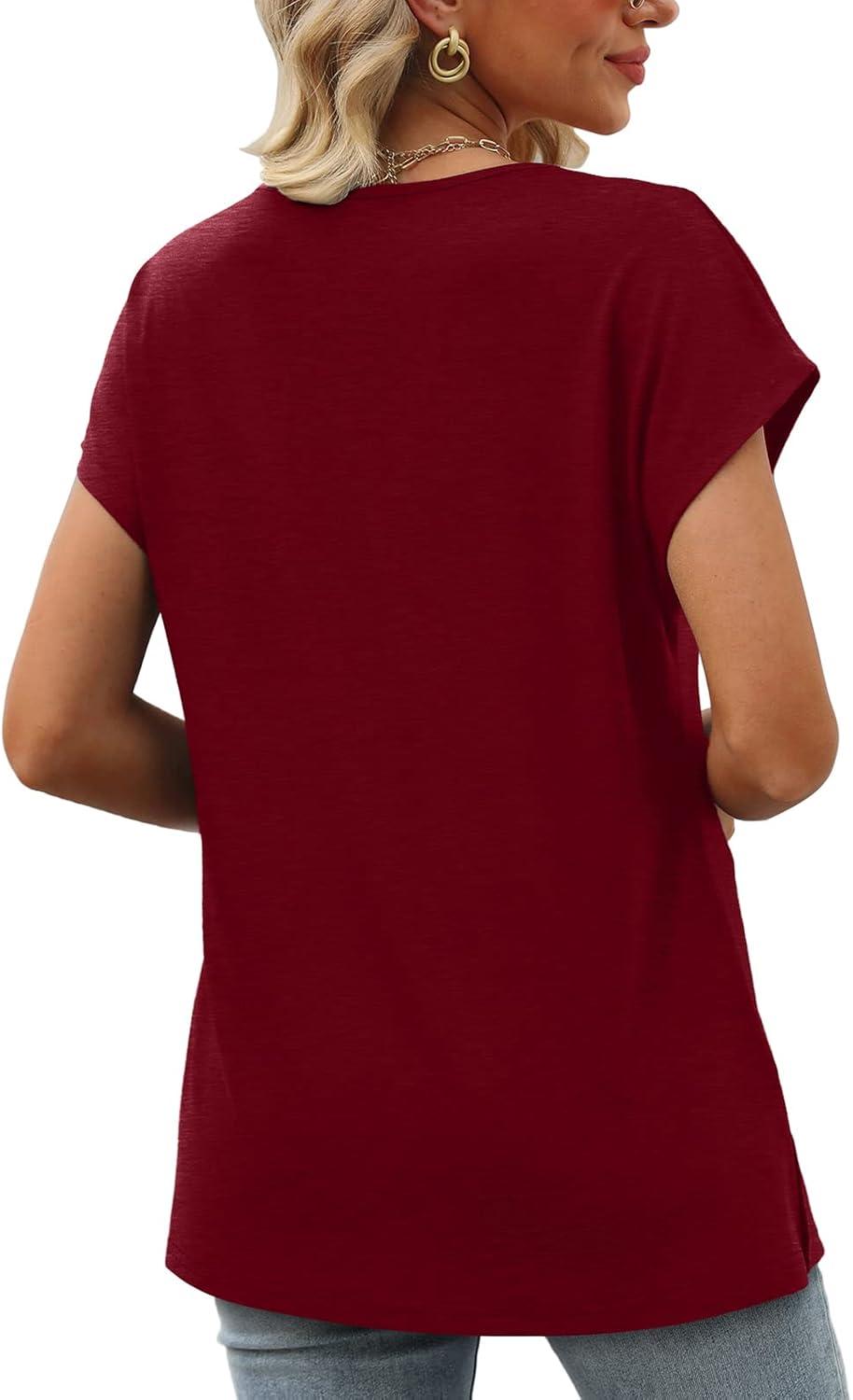 imageWomens Cap Sleeve Summer Tops 2025 Trendy Tank Tops Lace V Neck Loose Fit ShirtsA04burgundy