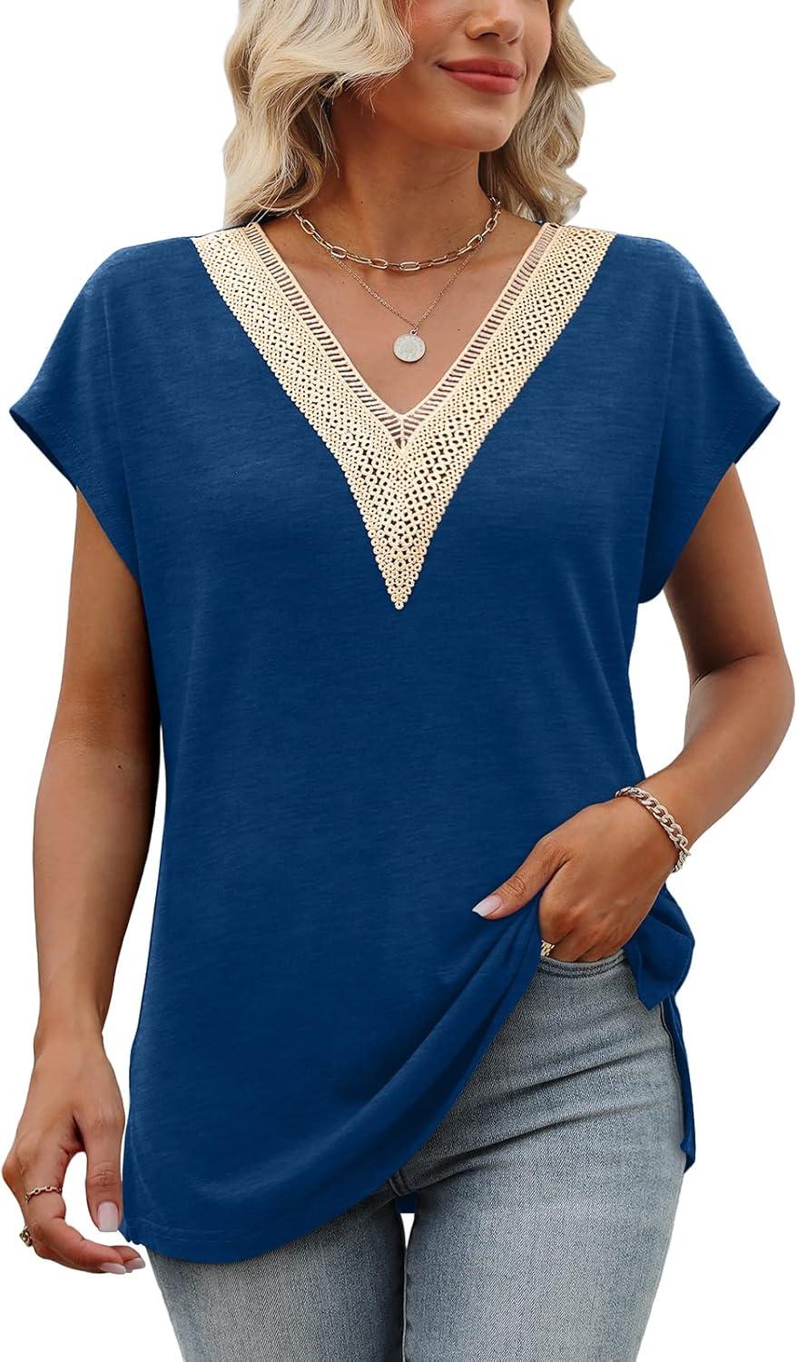 imageWomens Cap Sleeve Summer Tops 2025 Trendy Tank Tops Lace V Neck Loose Fit ShirtsA05navy