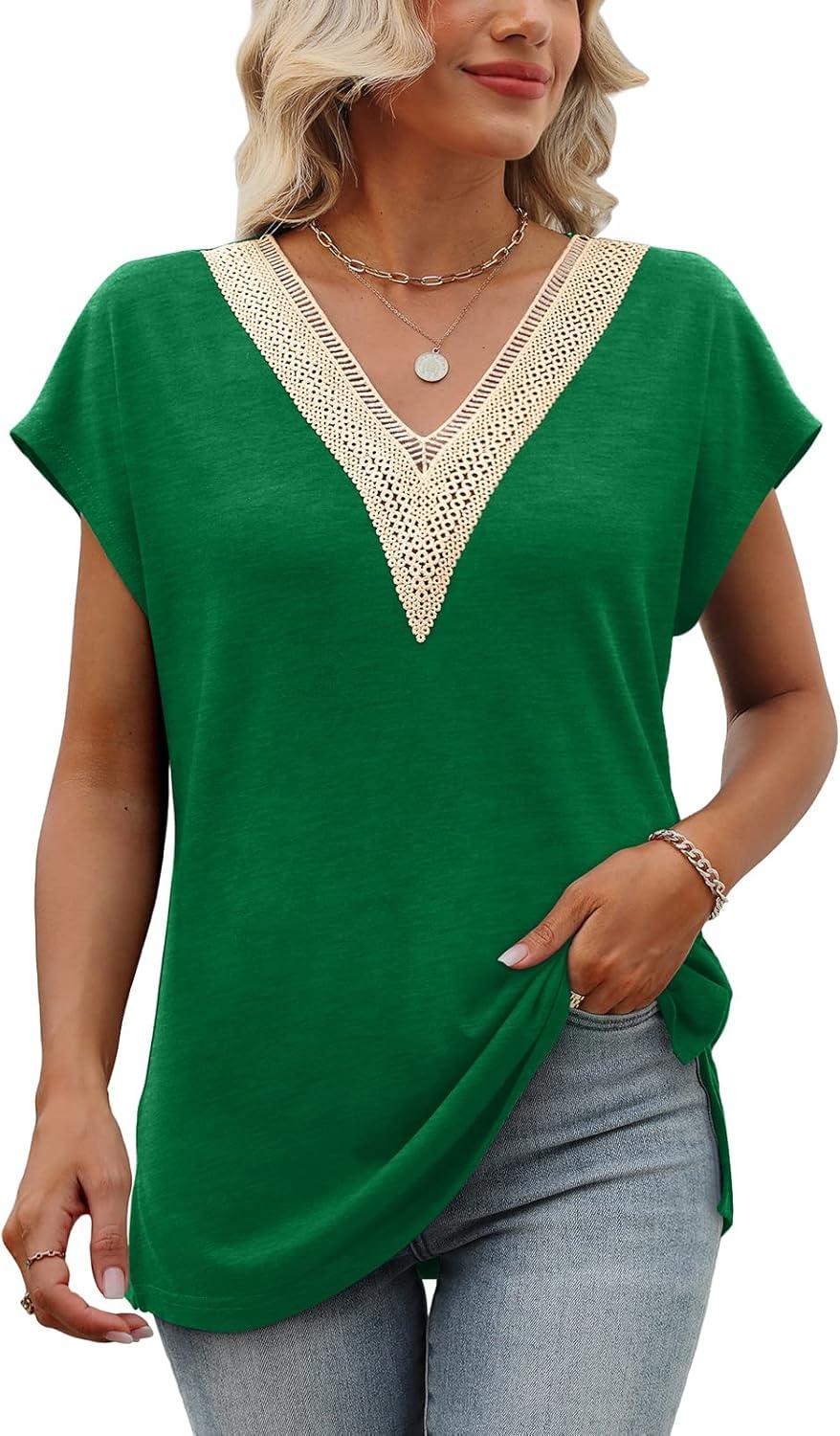 imageWomens Cap Sleeve Summer Tops 2025 Trendy Tank Tops Lace V Neck Loose Fit ShirtsA06green