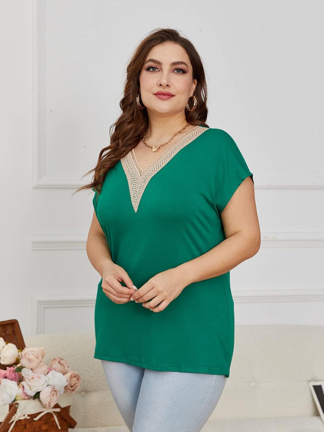 imageWomens Cap Sleeve Summer Tops 2025 Trendy Tank Tops Lace V Neck Loose Fit ShirtsA06green
