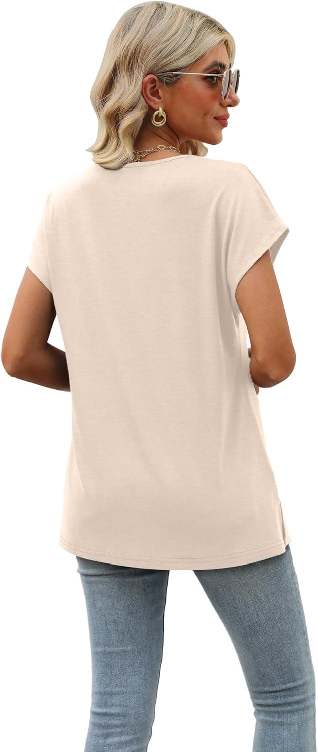 imageWomens Cap Sleeve Summer Tops 2025 Trendy Tank Tops Lace V Neck Loose Fit ShirtsA07apricot