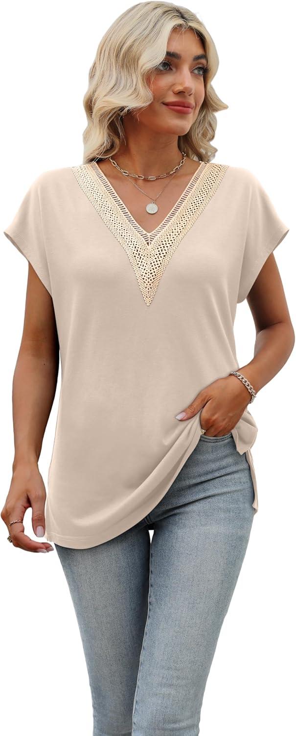 imageWomens Cap Sleeve Summer Tops 2025 Trendy Tank Tops Lace V Neck Loose Fit ShirtsA07apricot