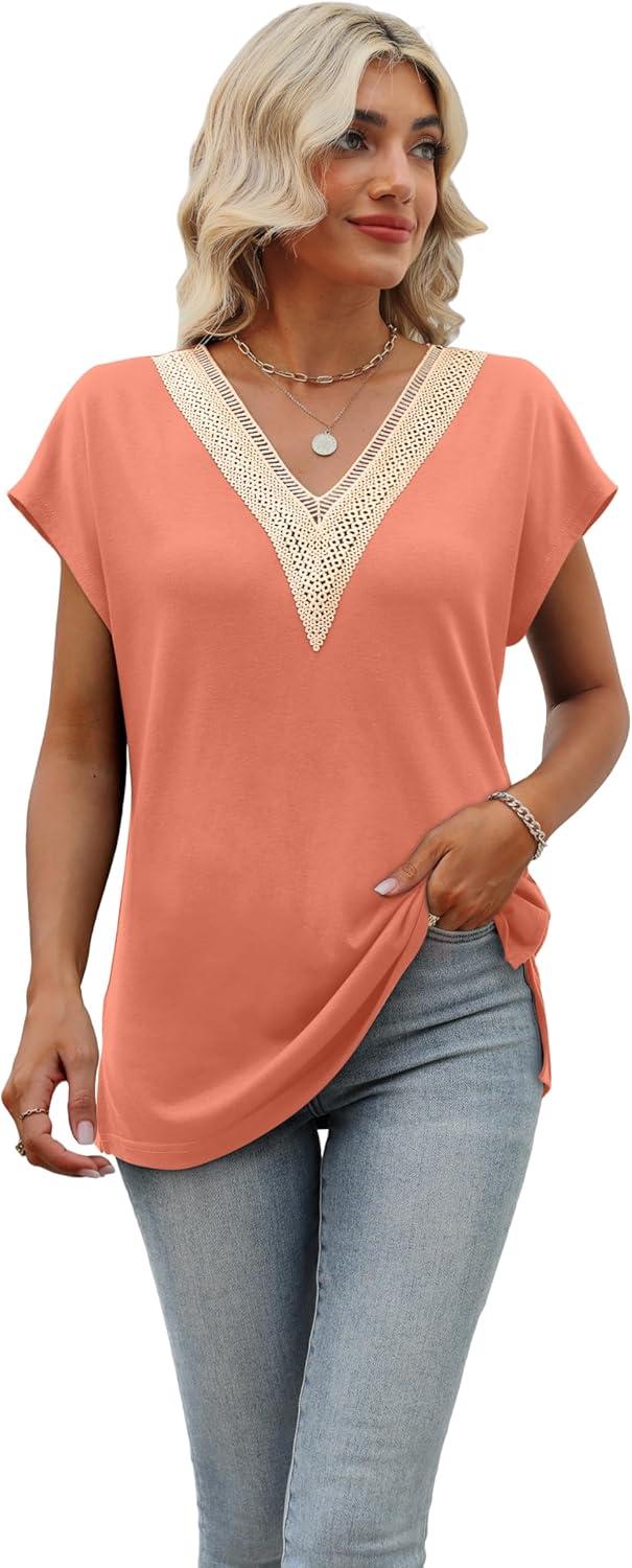 imageWomens Cap Sleeve Summer Tops 2025 Trendy Tank Tops Lace V Neck Loose Fit ShirtsA08pink