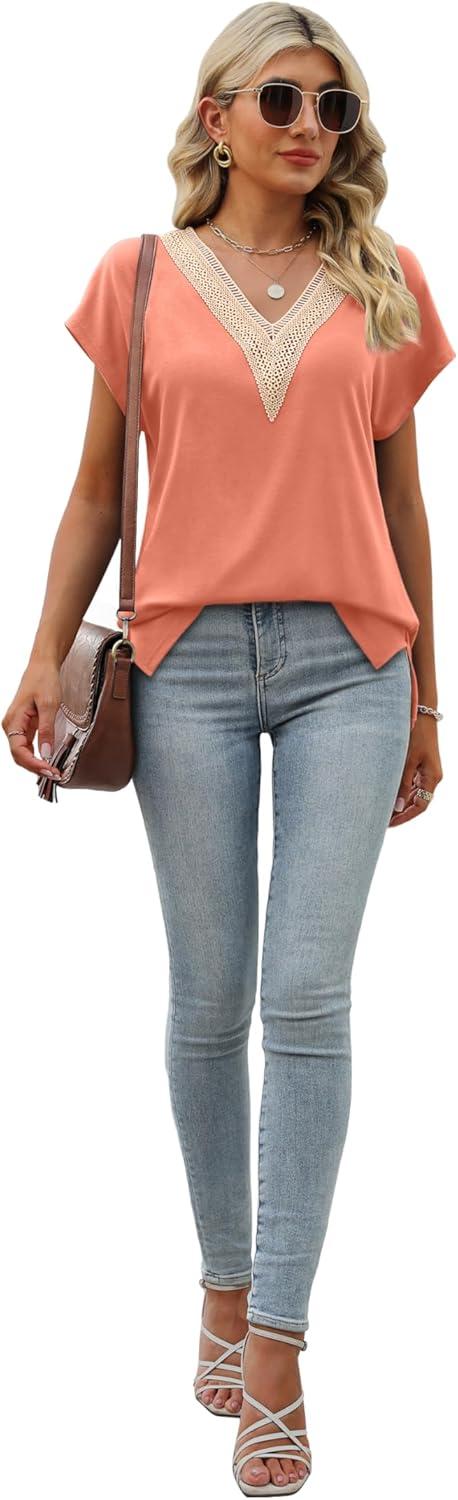 imageWomens Cap Sleeve Summer Tops 2025 Trendy Tank Tops Lace V Neck Loose Fit ShirtsA08pink