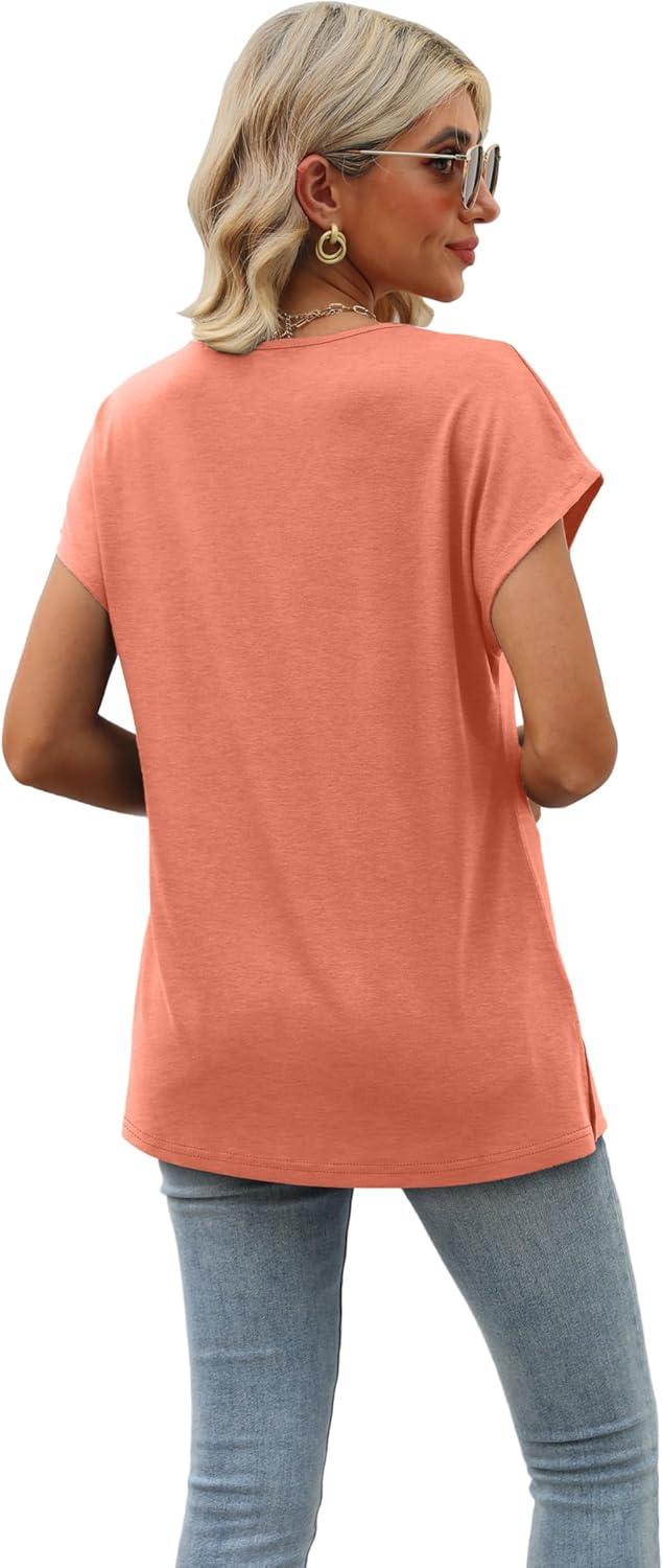 imageWomens Cap Sleeve Summer Tops 2025 Trendy Tank Tops Lace V Neck Loose Fit ShirtsA08pink