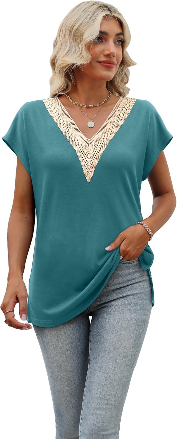 imageWomens Cap Sleeve Summer Tops 2025 Trendy Tank Tops Lace V Neck Loose Fit ShirtsA09blue