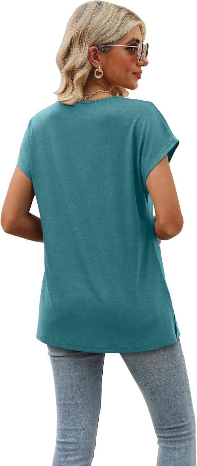 imageWomens Cap Sleeve Summer Tops 2025 Trendy Tank Tops Lace V Neck Loose Fit ShirtsA09blue