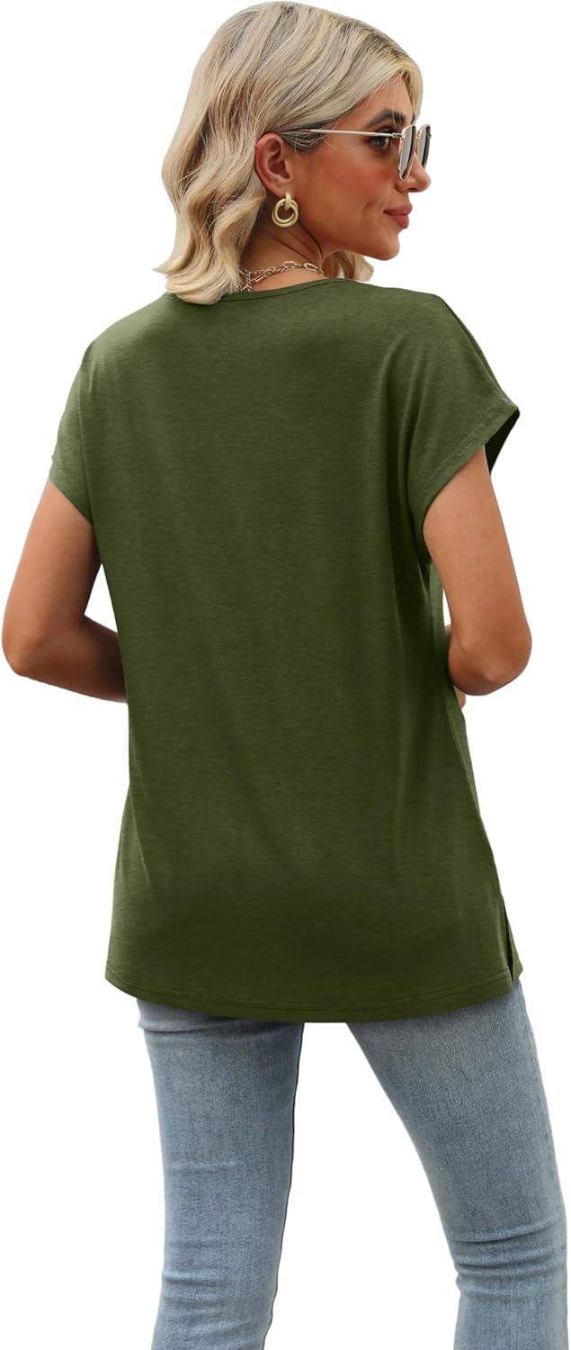 imageWomens Cap Sleeve Summer Tops 2025 Trendy Tank Tops Lace V Neck Loose Fit ShirtsA10army Green