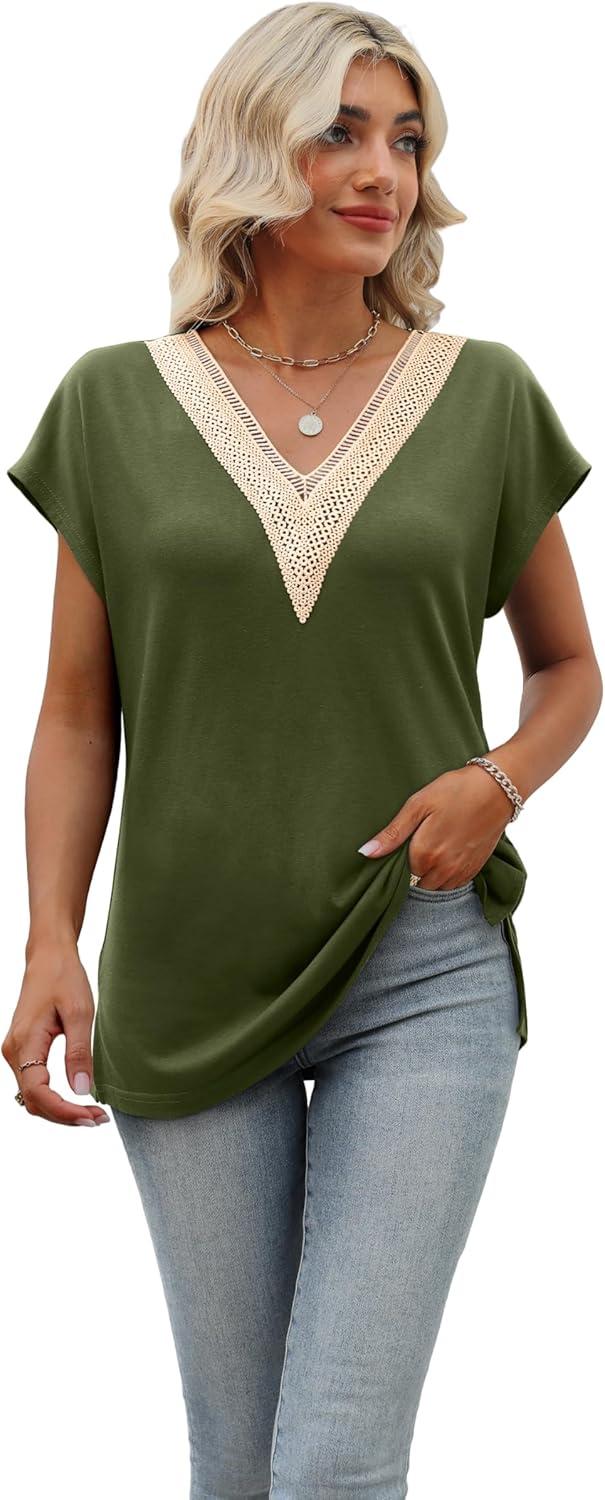 imageWomens Cap Sleeve Summer Tops 2025 Trendy Tank Tops Lace V Neck Loose Fit ShirtsA10army Green