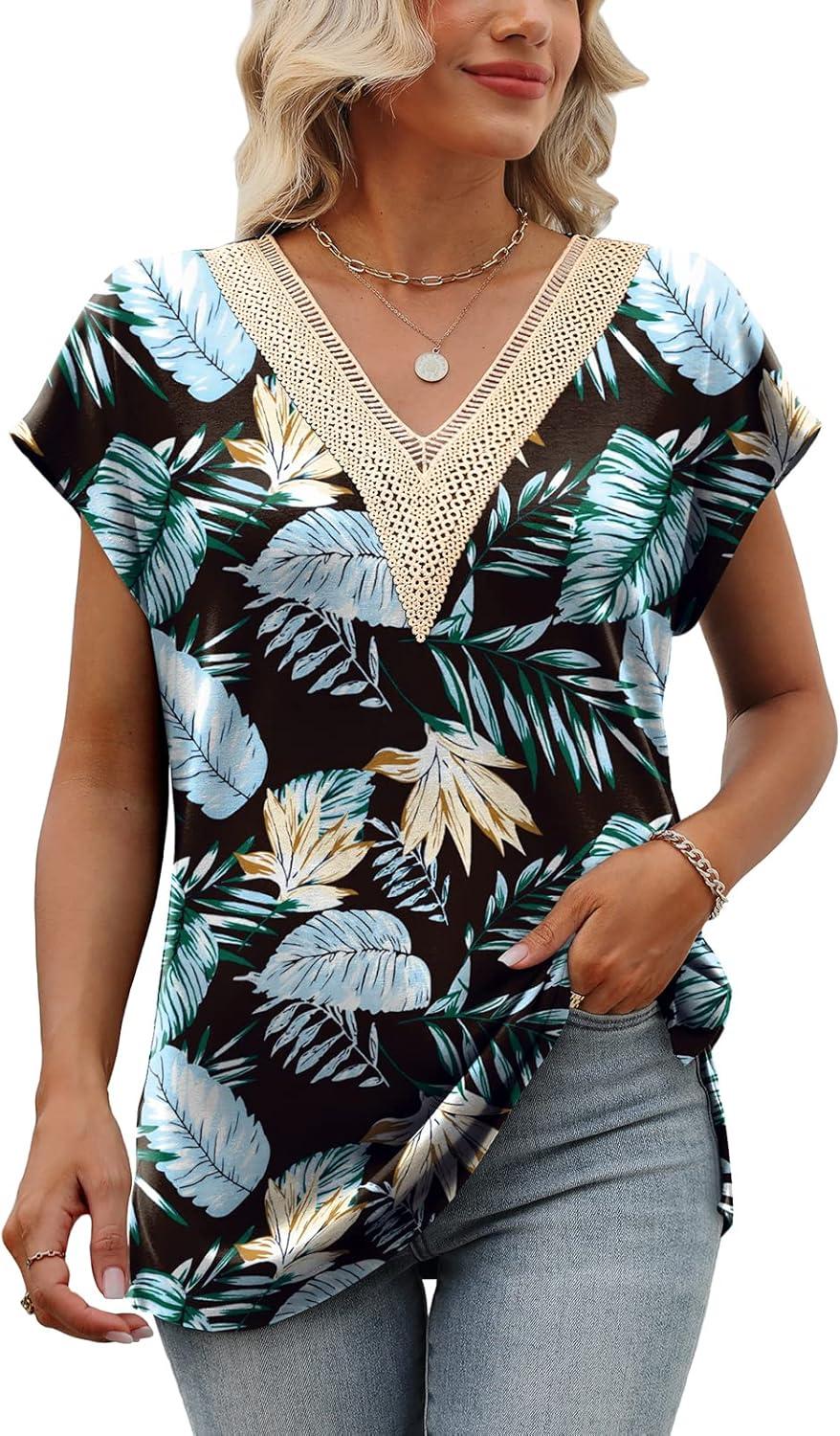 imageWomens Cap Sleeve Summer Tops 2025 Trendy Tank Tops Lace V Neck Loose Fit ShirtsBpattern 01
