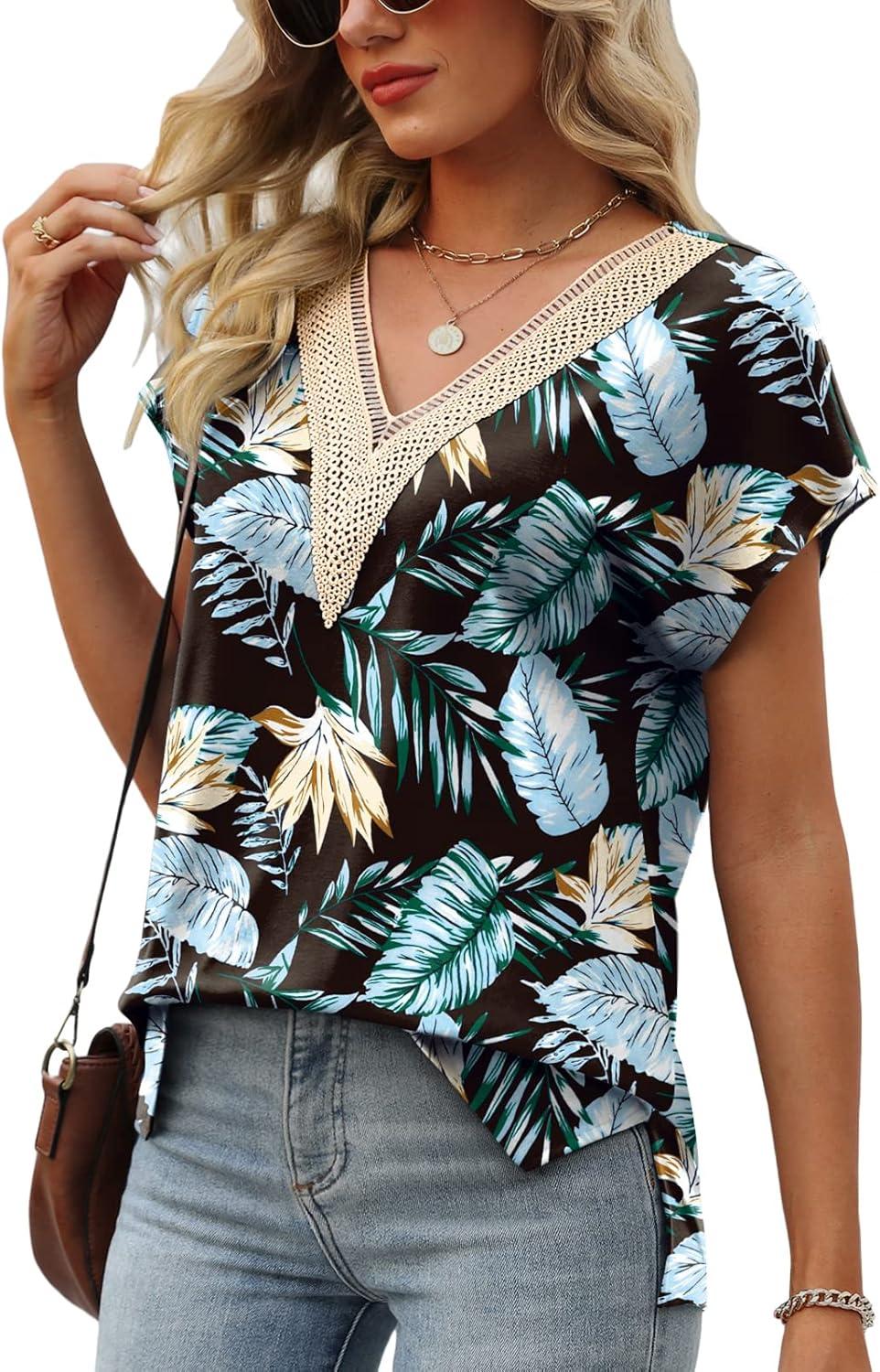 imageWomens Cap Sleeve Summer Tops 2025 Trendy Tank Tops Lace V Neck Loose Fit ShirtsBpattern 01