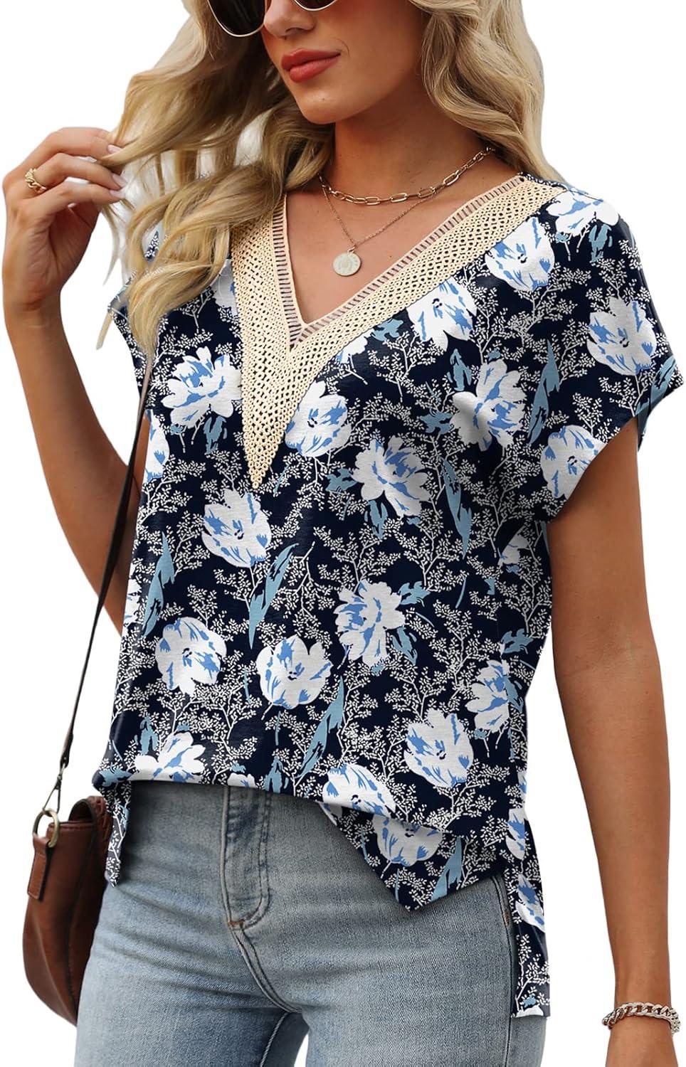 imageWomens Cap Sleeve Summer Tops 2025 Trendy Tank Tops Lace V Neck Loose Fit ShirtsBpattern 02
