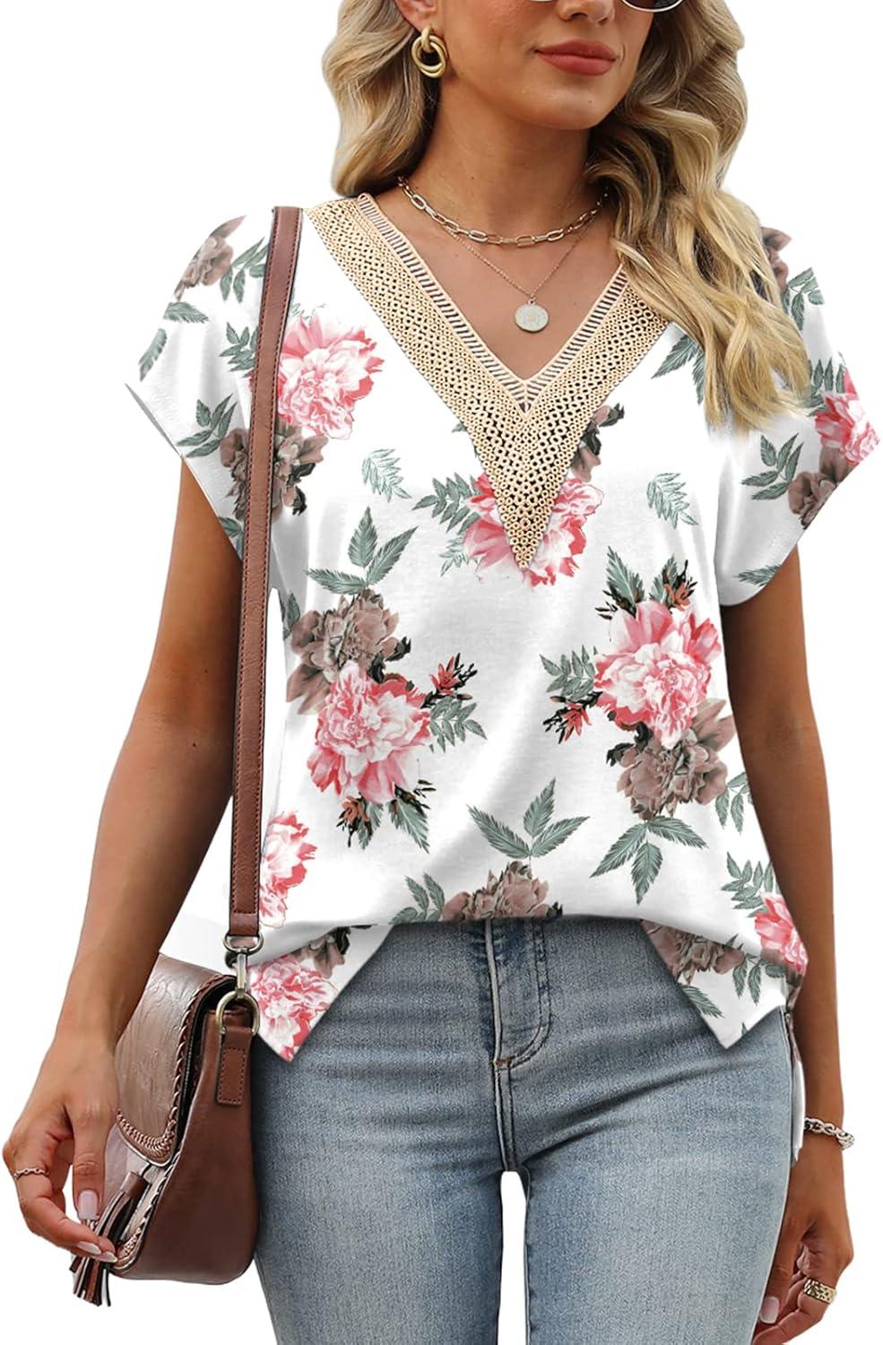 imageWomens Cap Sleeve Summer Tops 2025 Trendy Tank Tops Lace V Neck Loose Fit ShirtsBpattern 03