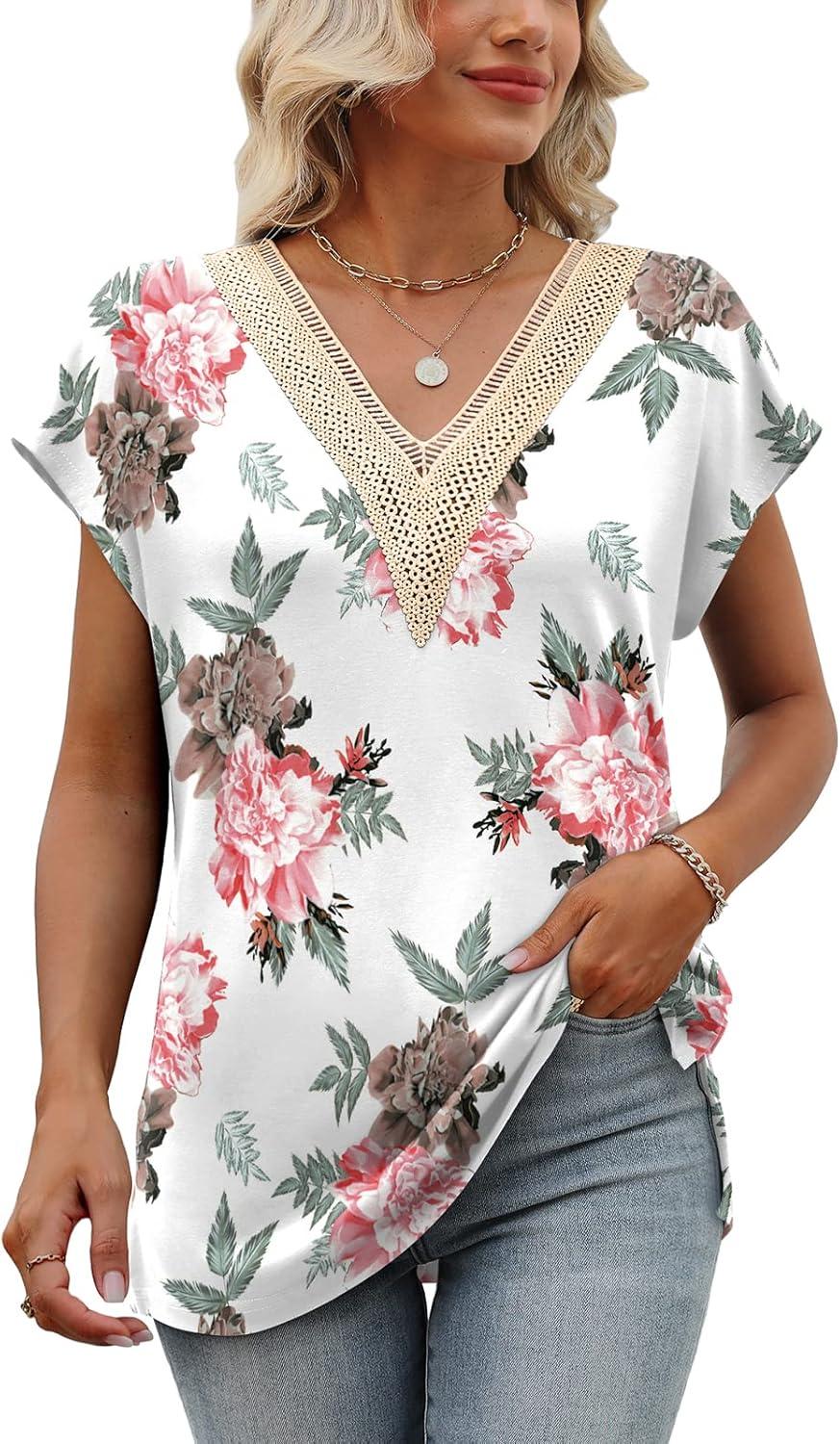 imageWomens Cap Sleeve Summer Tops 2025 Trendy Tank Tops Lace V Neck Loose Fit ShirtsBpattern 03