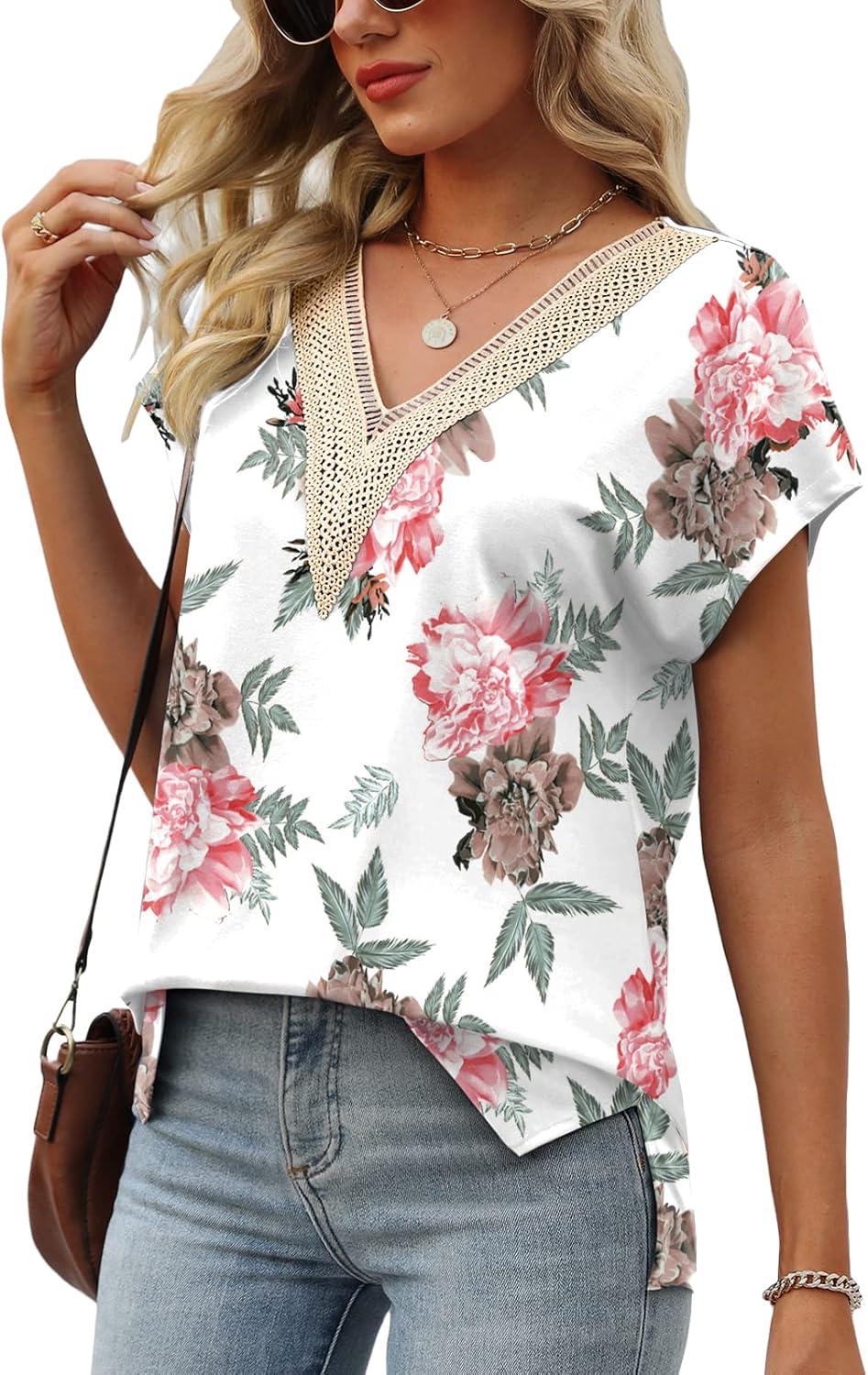 imageWomens Cap Sleeve Summer Tops 2025 Trendy Tank Tops Lace V Neck Loose Fit ShirtsBpattern 03