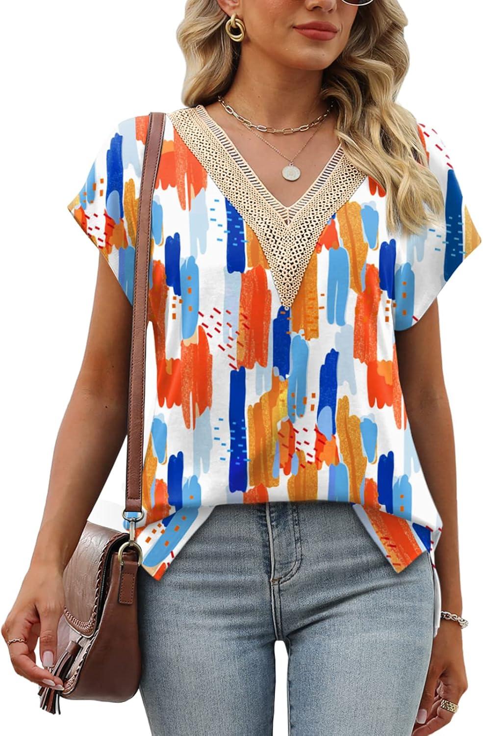 imageWomens Cap Sleeve Summer Tops 2025 Trendy Tank Tops Lace V Neck Loose Fit ShirtsBpattern 04