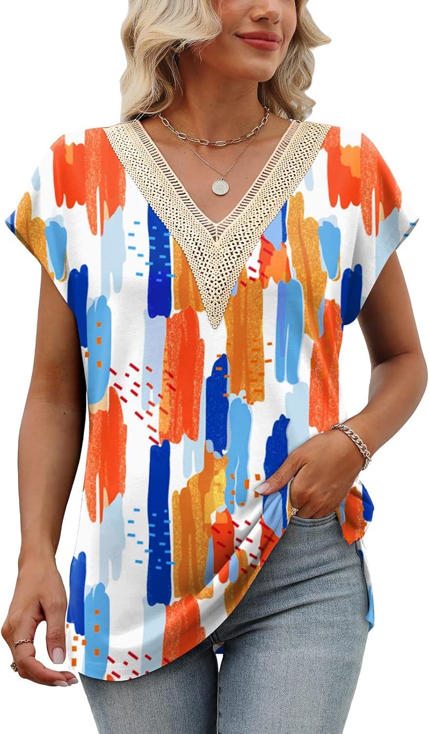 imageWomens Cap Sleeve Summer Tops 2025 Trendy Tank Tops Lace V Neck Loose Fit ShirtsBpattern 04