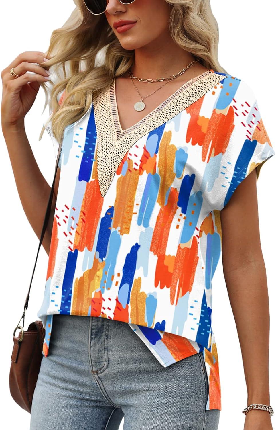 imageWomens Cap Sleeve Summer Tops 2025 Trendy Tank Tops Lace V Neck Loose Fit ShirtsBpattern 04