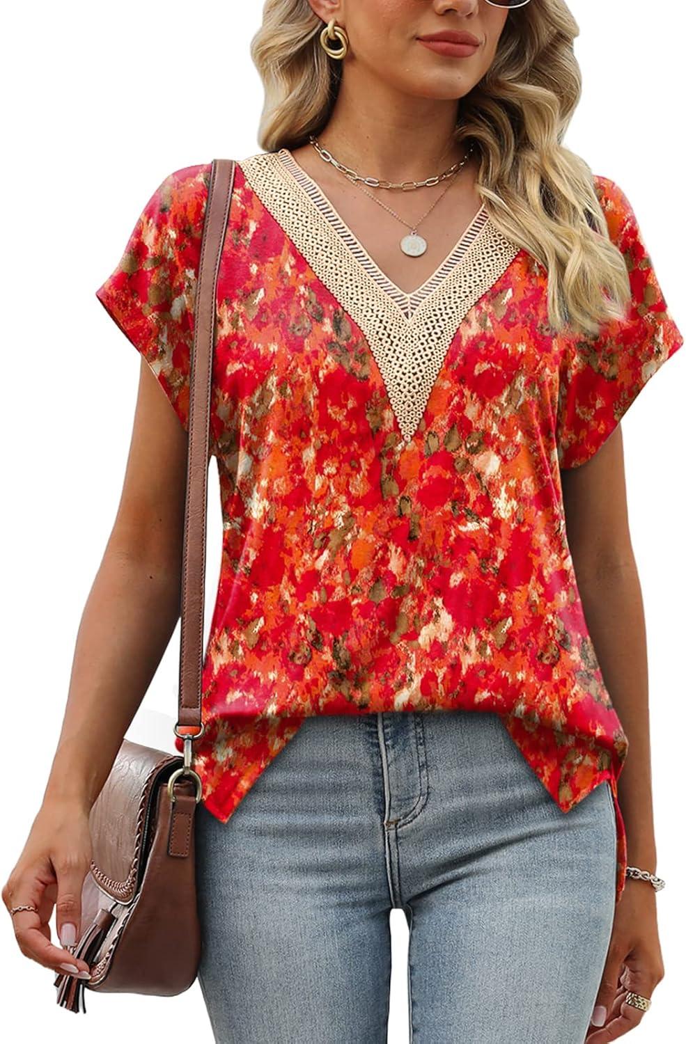 imageWomens Cap Sleeve Summer Tops 2025 Trendy Tank Tops Lace V Neck Loose Fit ShirtsBpattern 05