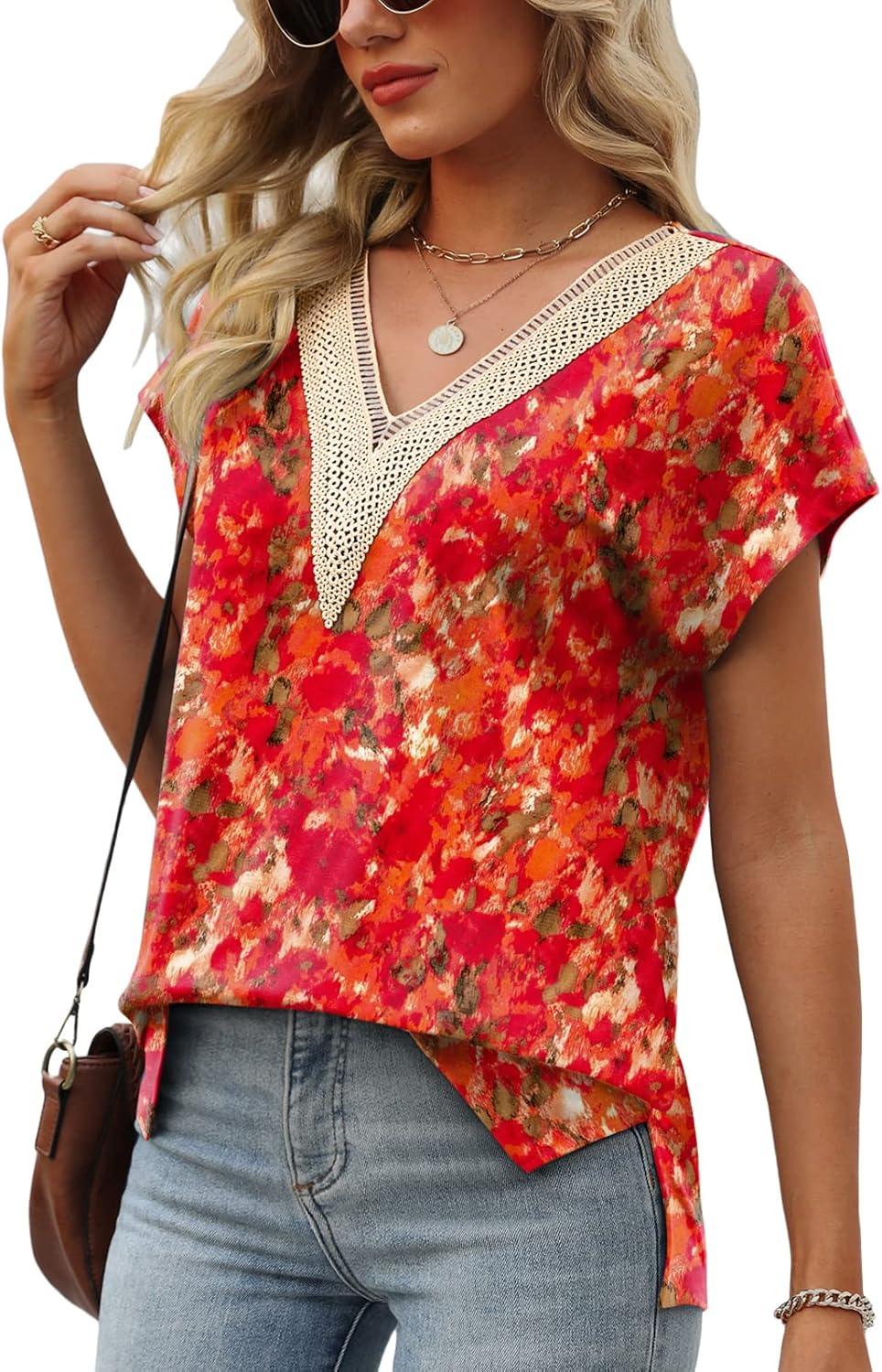 imageWomens Cap Sleeve Summer Tops 2025 Trendy Tank Tops Lace V Neck Loose Fit ShirtsBpattern 05
