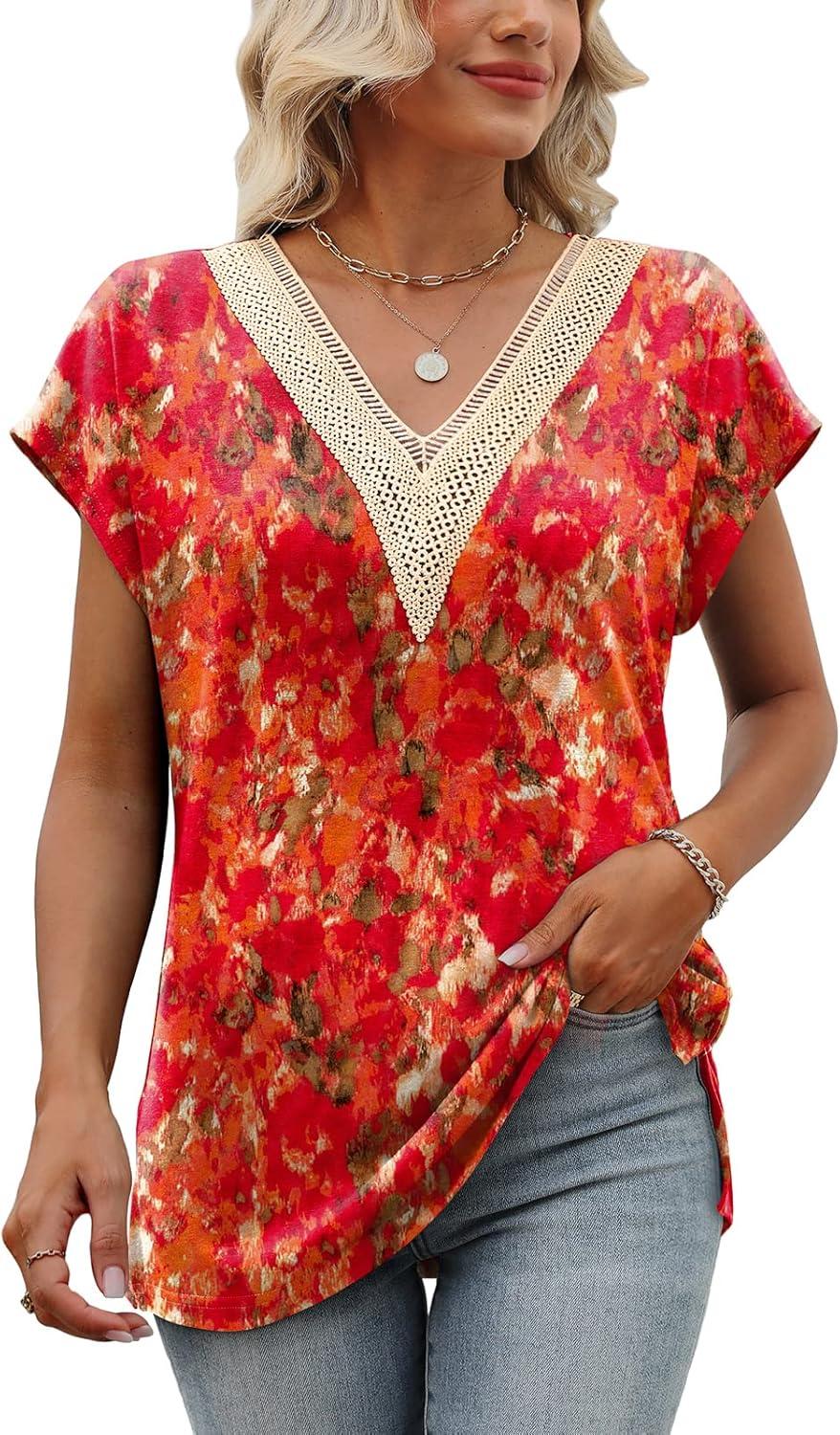 imageWomens Cap Sleeve Summer Tops 2025 Trendy Tank Tops Lace V Neck Loose Fit ShirtsBpattern 05