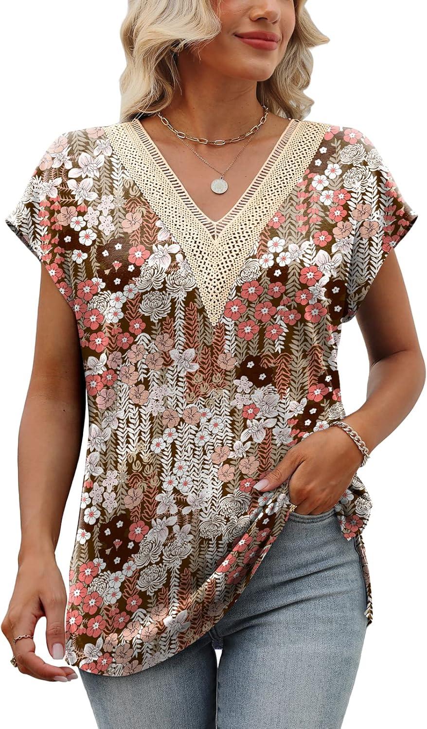 imageWomens Cap Sleeve Summer Tops 2025 Trendy Tank Tops Lace V Neck Loose Fit ShirtsBpattern 06