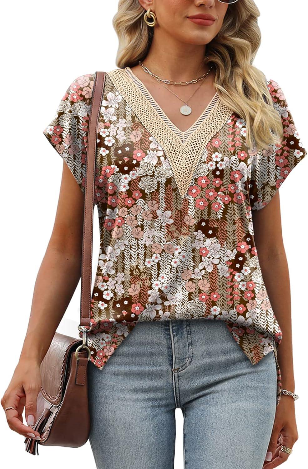 imageWomens Cap Sleeve Summer Tops 2025 Trendy Tank Tops Lace V Neck Loose Fit ShirtsBpattern 06