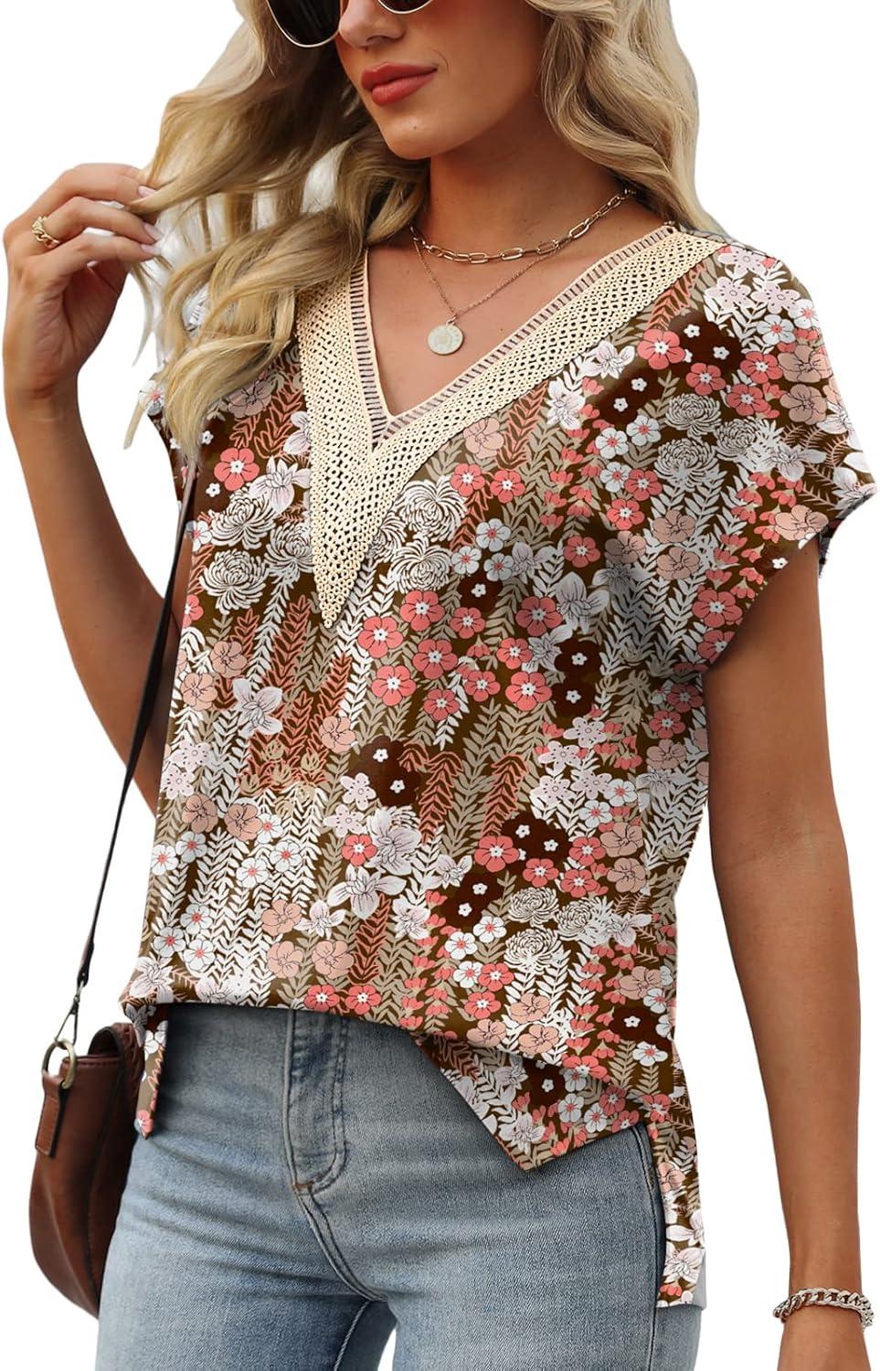 imageWomens Cap Sleeve Summer Tops 2025 Trendy Tank Tops Lace V Neck Loose Fit ShirtsBpattern 06
