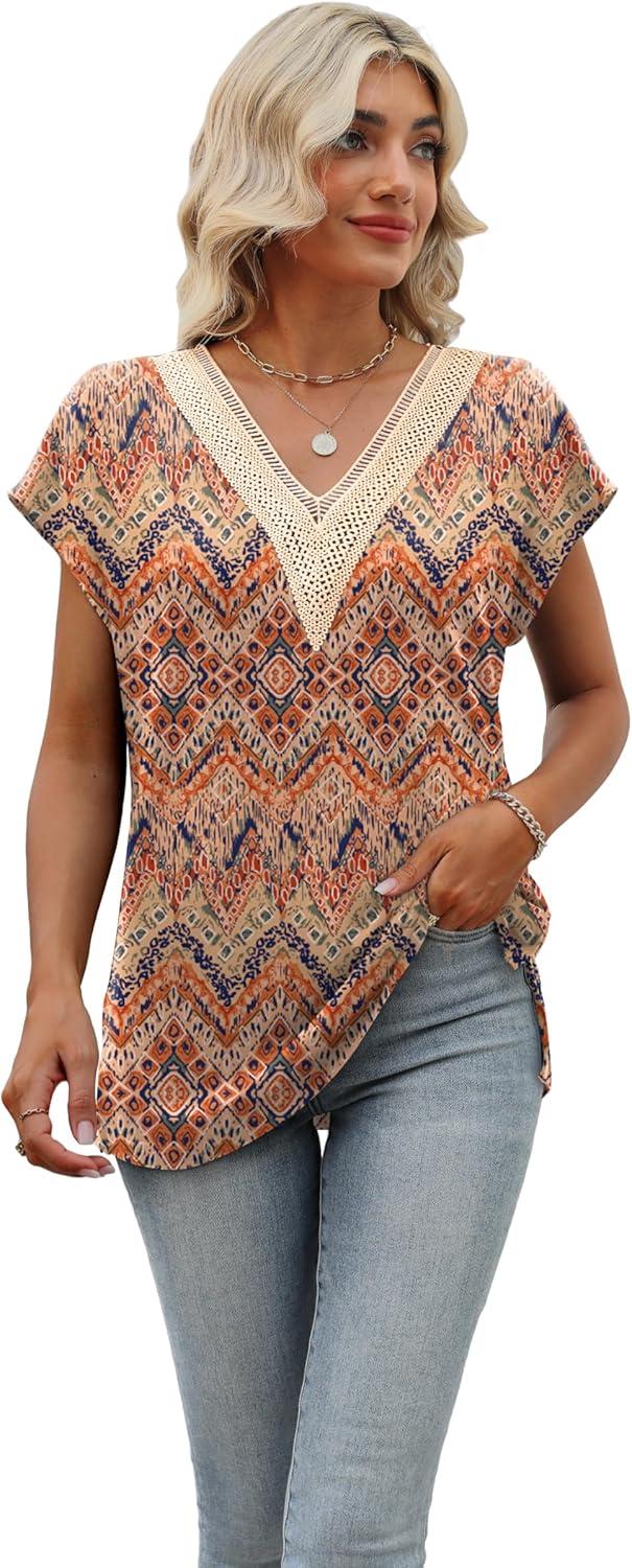 imageWomens Cap Sleeve Summer Tops 2025 Trendy Tank Tops Lace V Neck Loose Fit ShirtsBpattern 07