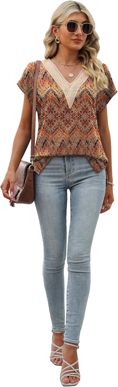 imageWomens Cap Sleeve Summer Tops 2025 Trendy Tank Tops Lace V Neck Loose Fit ShirtsBpattern 07