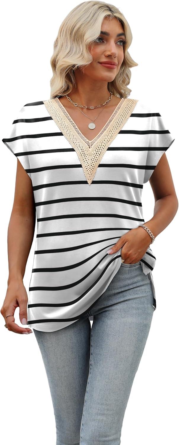 imageWomens Cap Sleeve Summer Tops 2025 Trendy Tank Tops Lace V Neck Loose Fit ShirtsBpattern 10