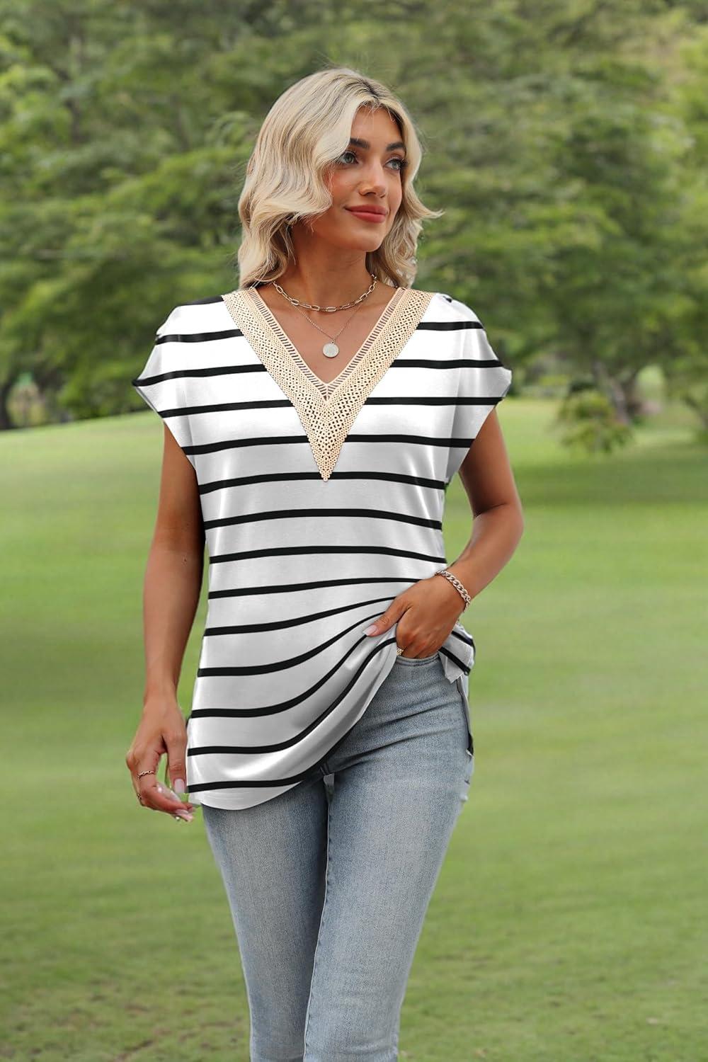 imageWomens Cap Sleeve Summer Tops 2025 Trendy Tank Tops Lace V Neck Loose Fit ShirtsBpattern 10